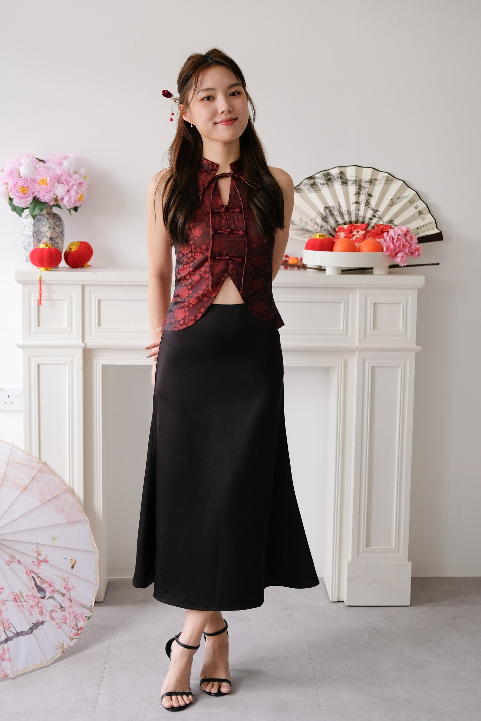 Ning Xia Ribbon Cheongsam Top (Wine)