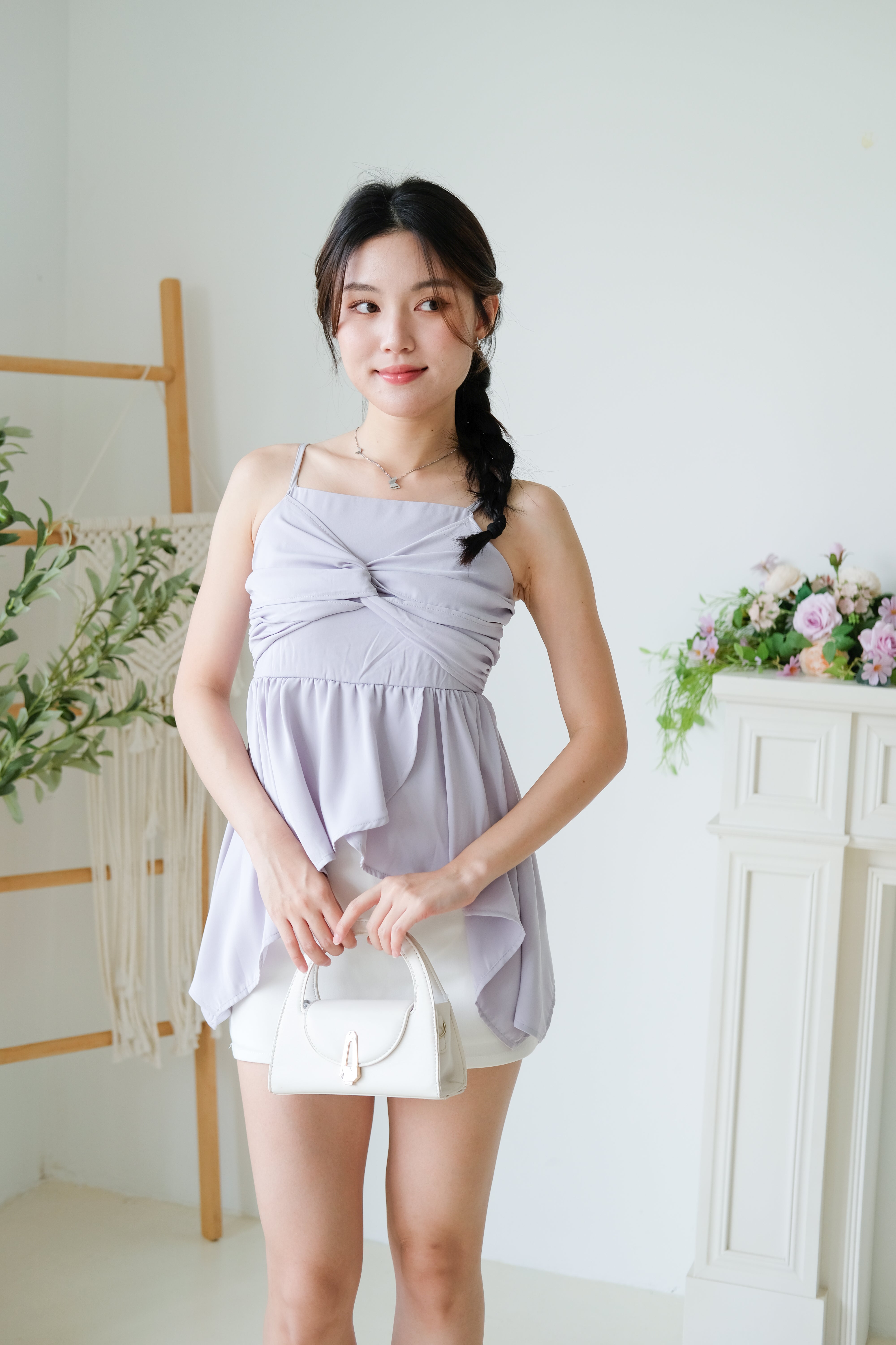 Natalie Twist Ruffle Asymmetrical Top (Dusty Purple)