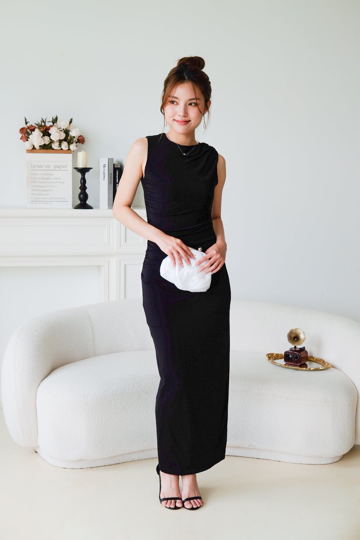 Paisley Ruched Jewel Bodycon Dress (Black)