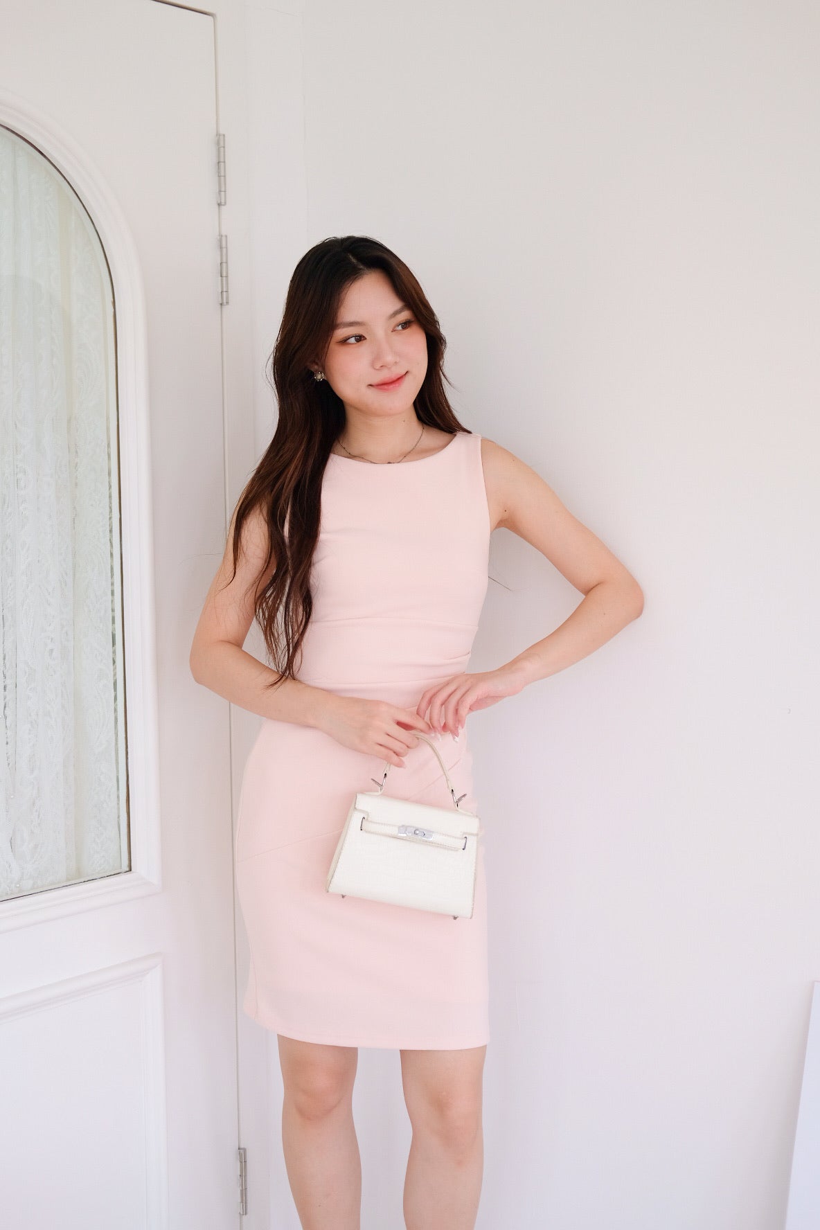Annette Boatneck Ruched Midi Dress (Berry Pink)