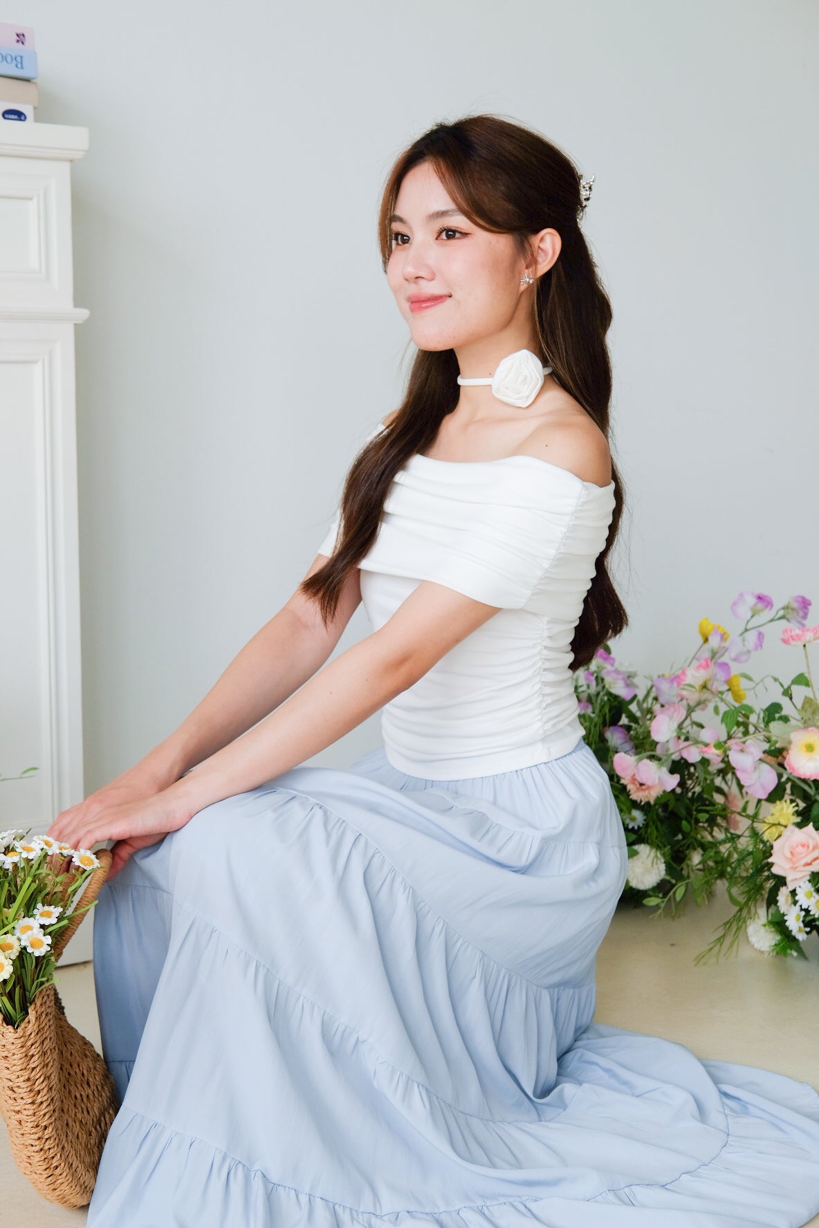 Deena Off Shoulder Stretchy Top (White)
