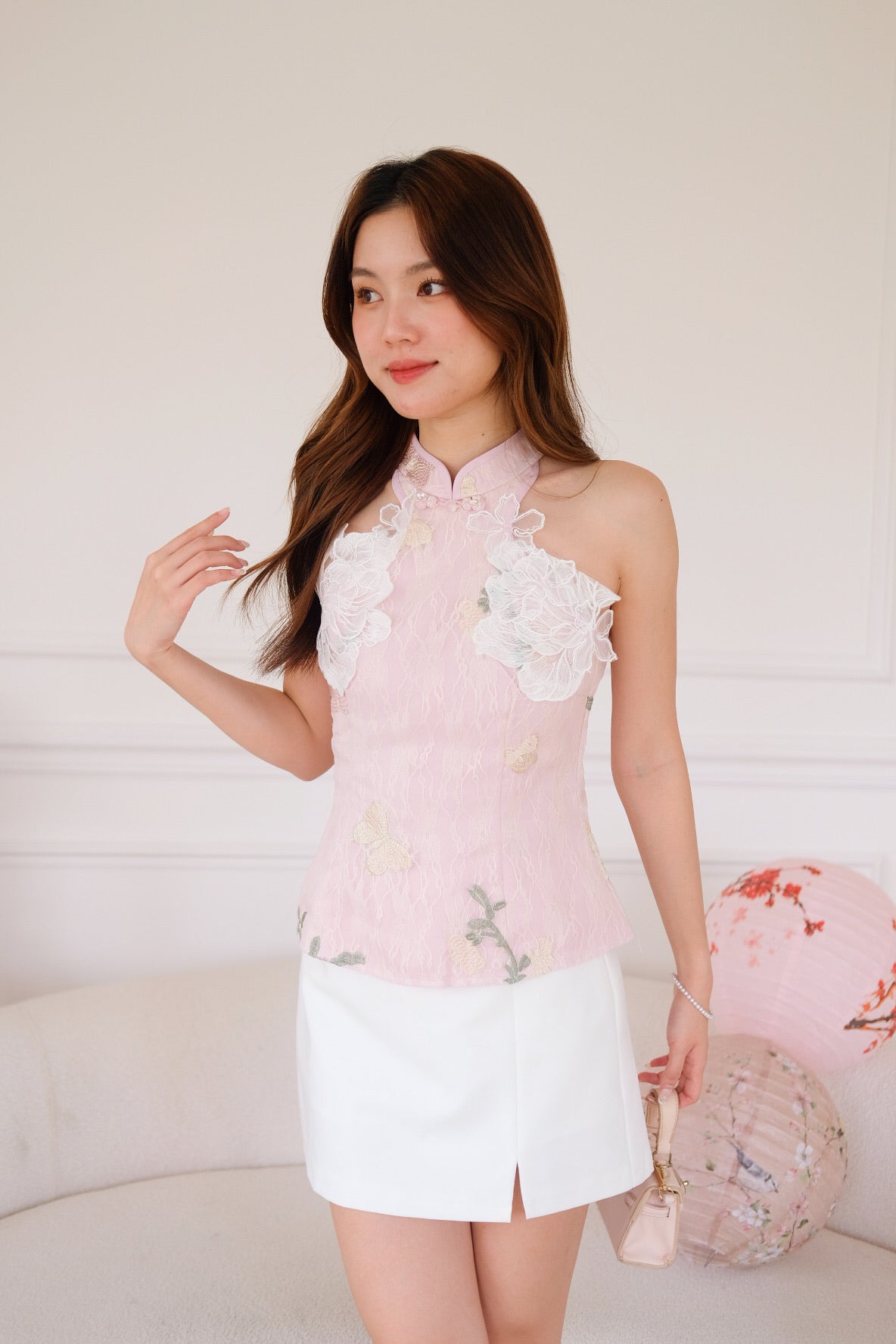 檀宁 Tan Ning Floral Lace Halter Top (Light Pink)
