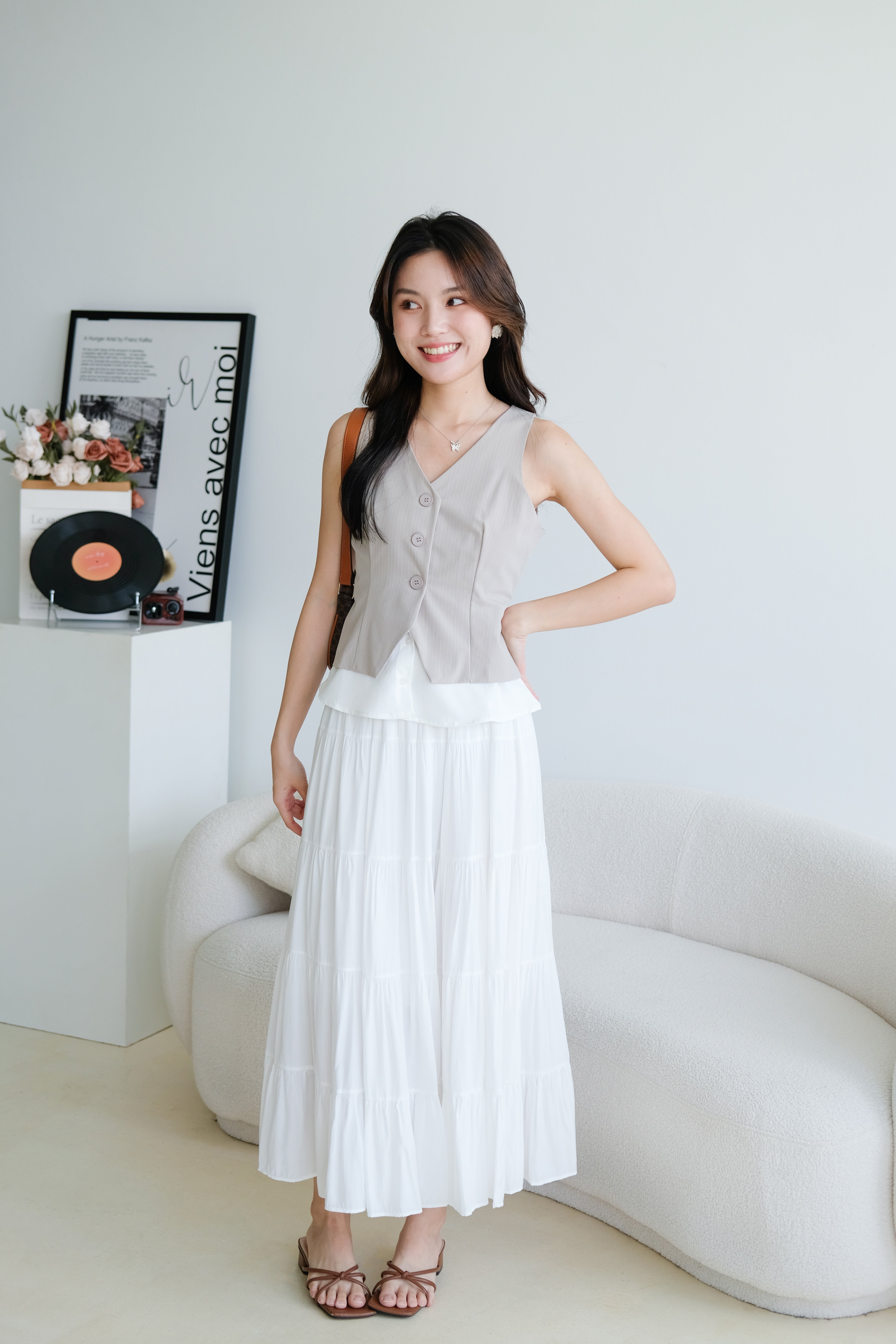 Veen Pinstripe Contrast Vest Top (Light Grey)