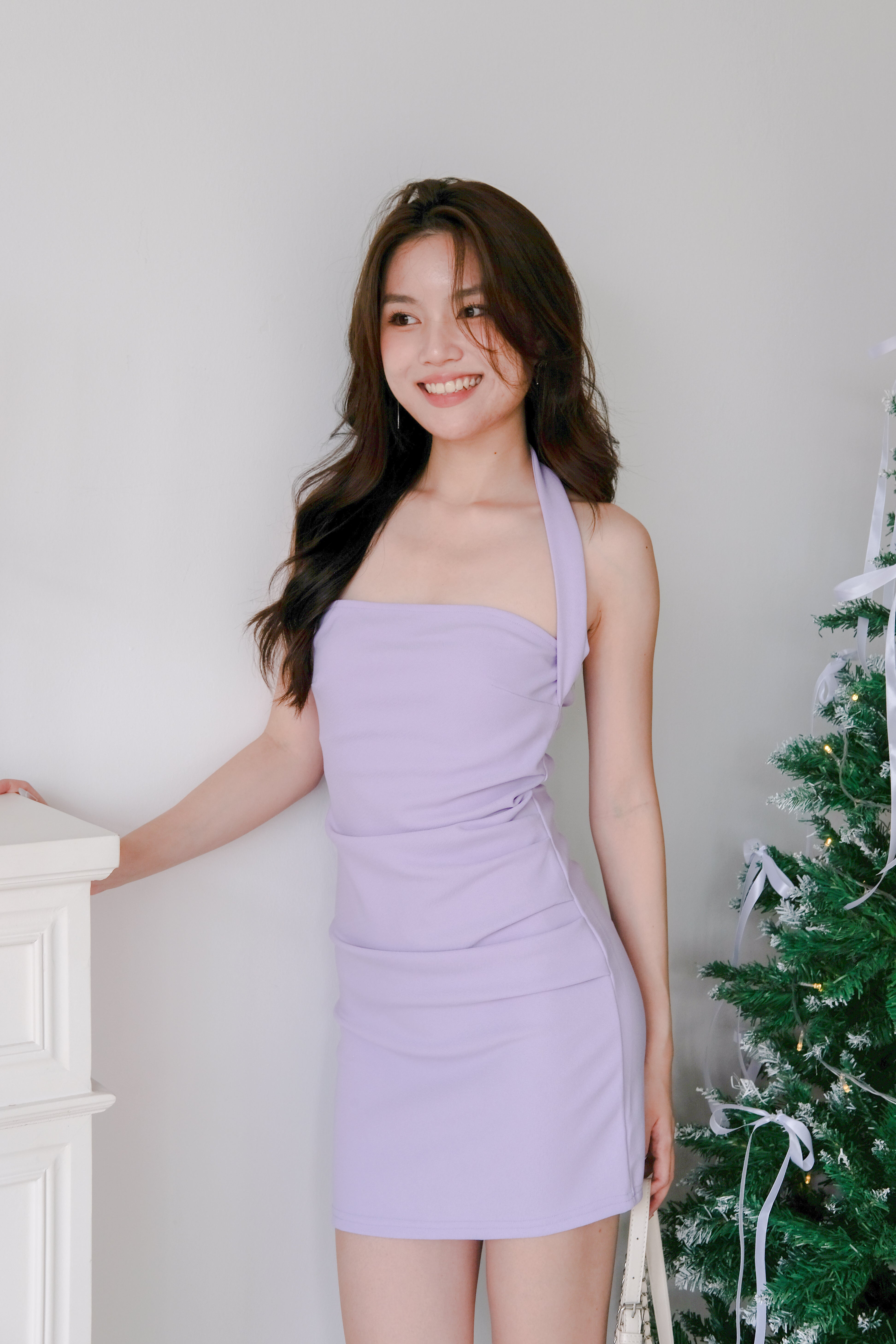 Nicolette Halter Ruched Mini Dress (Lilac)
