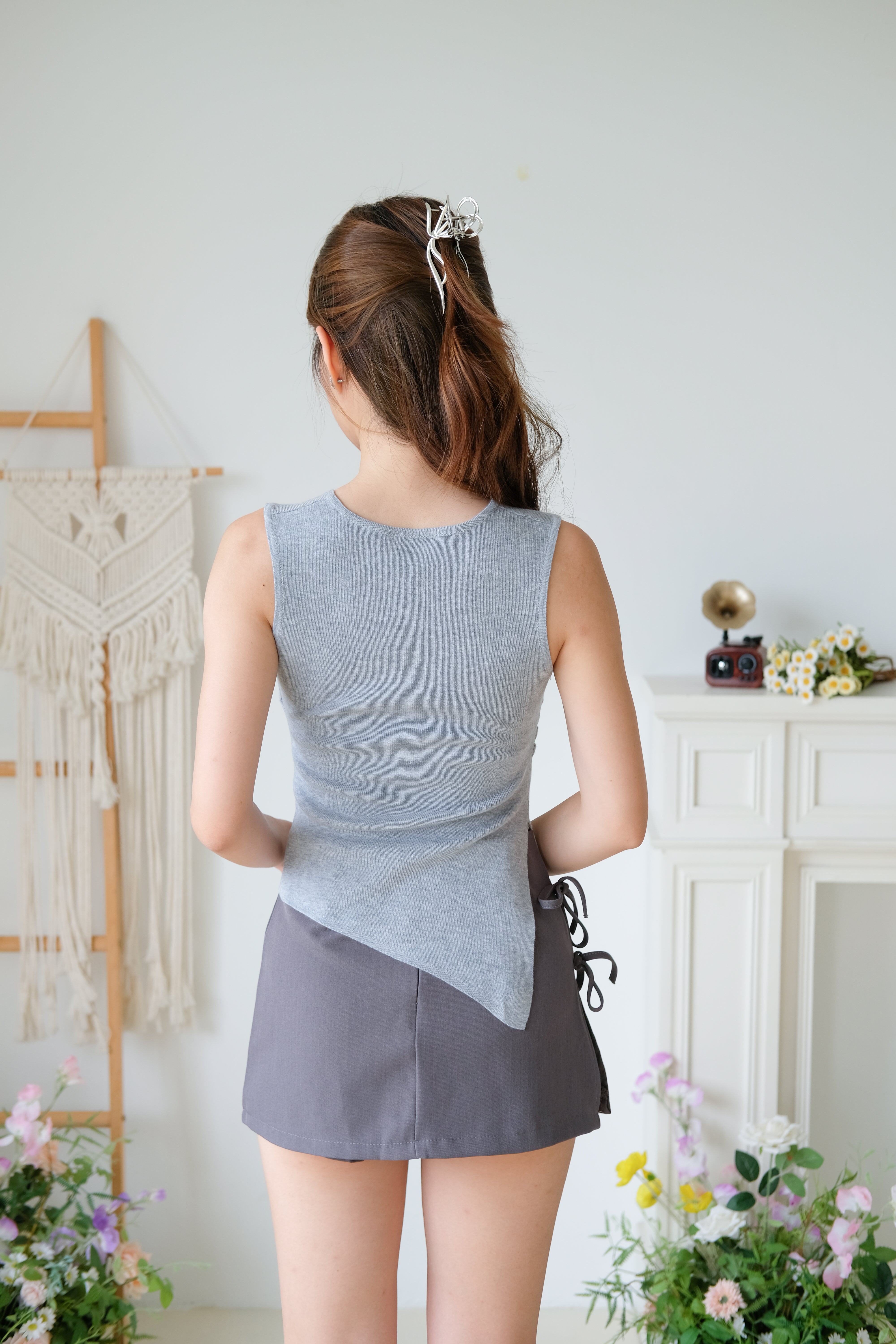 Yukee Wrapped Asymmetrical Knit Top (Grey)