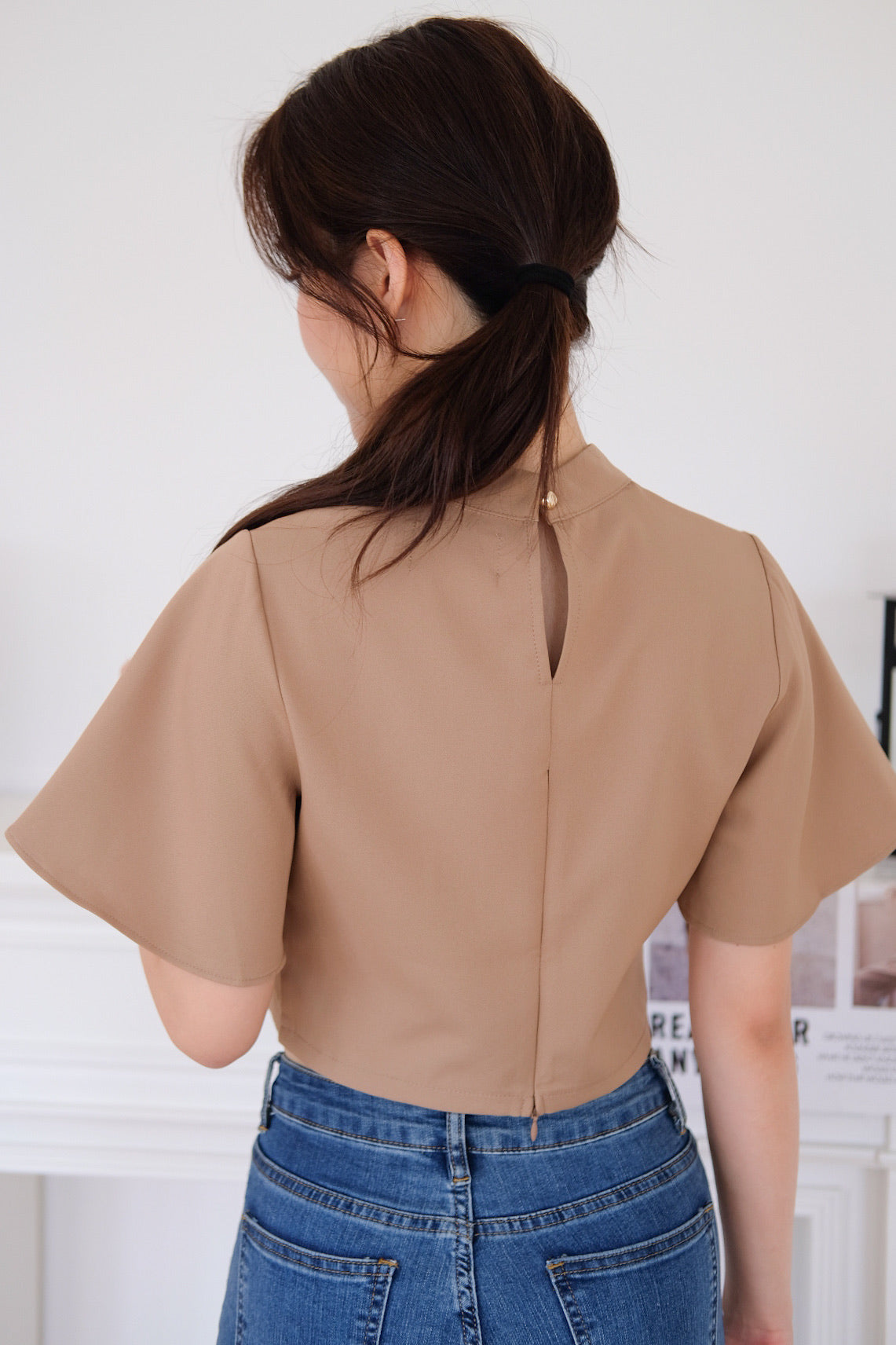 Veena Flutter Sleeves High Neck Top (Khaki)