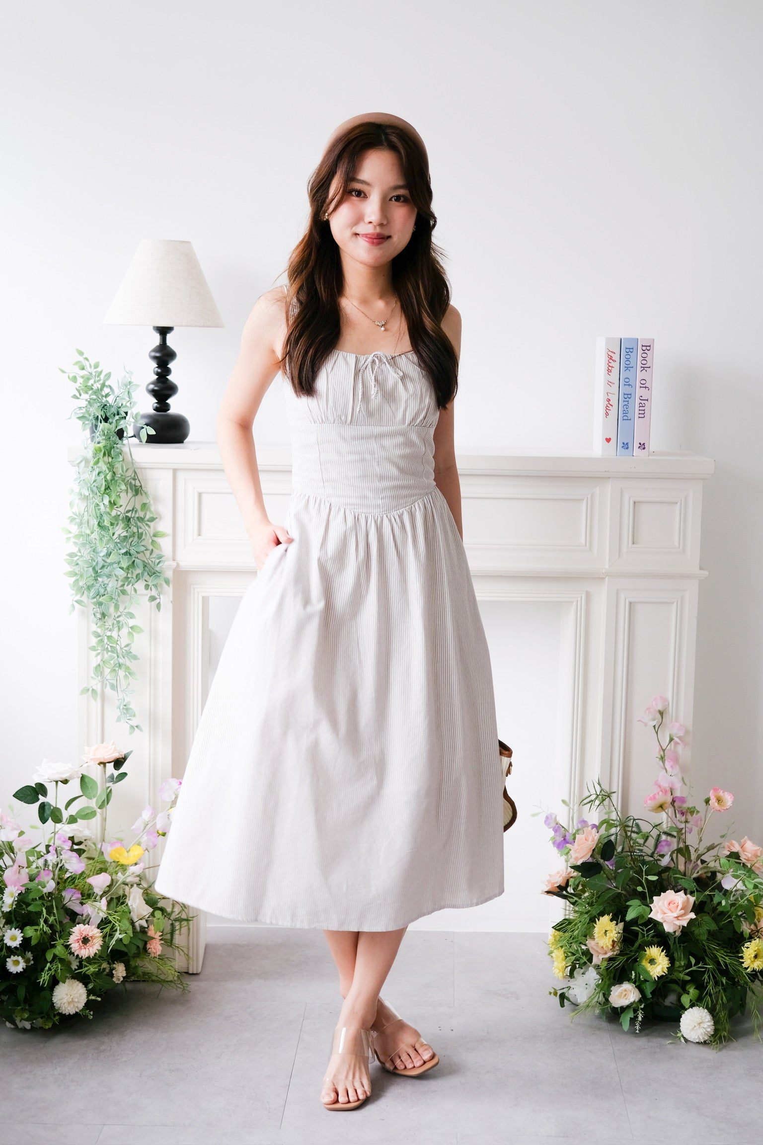 Carmie Thick Waist Midi Dress (Beige Stripes)