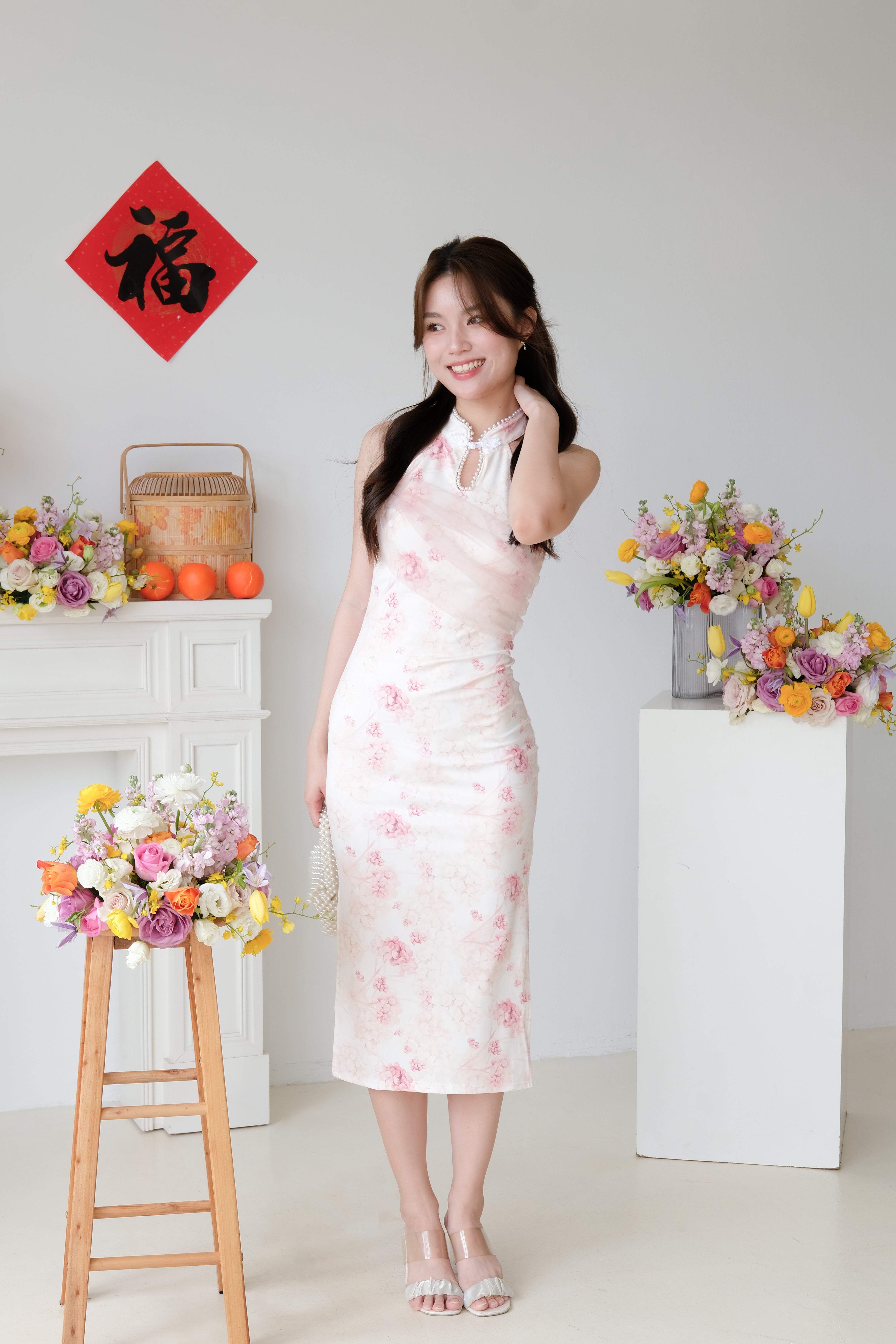 Sakura Mini Pearl Halter Midi Cheongsam (Light Pink)