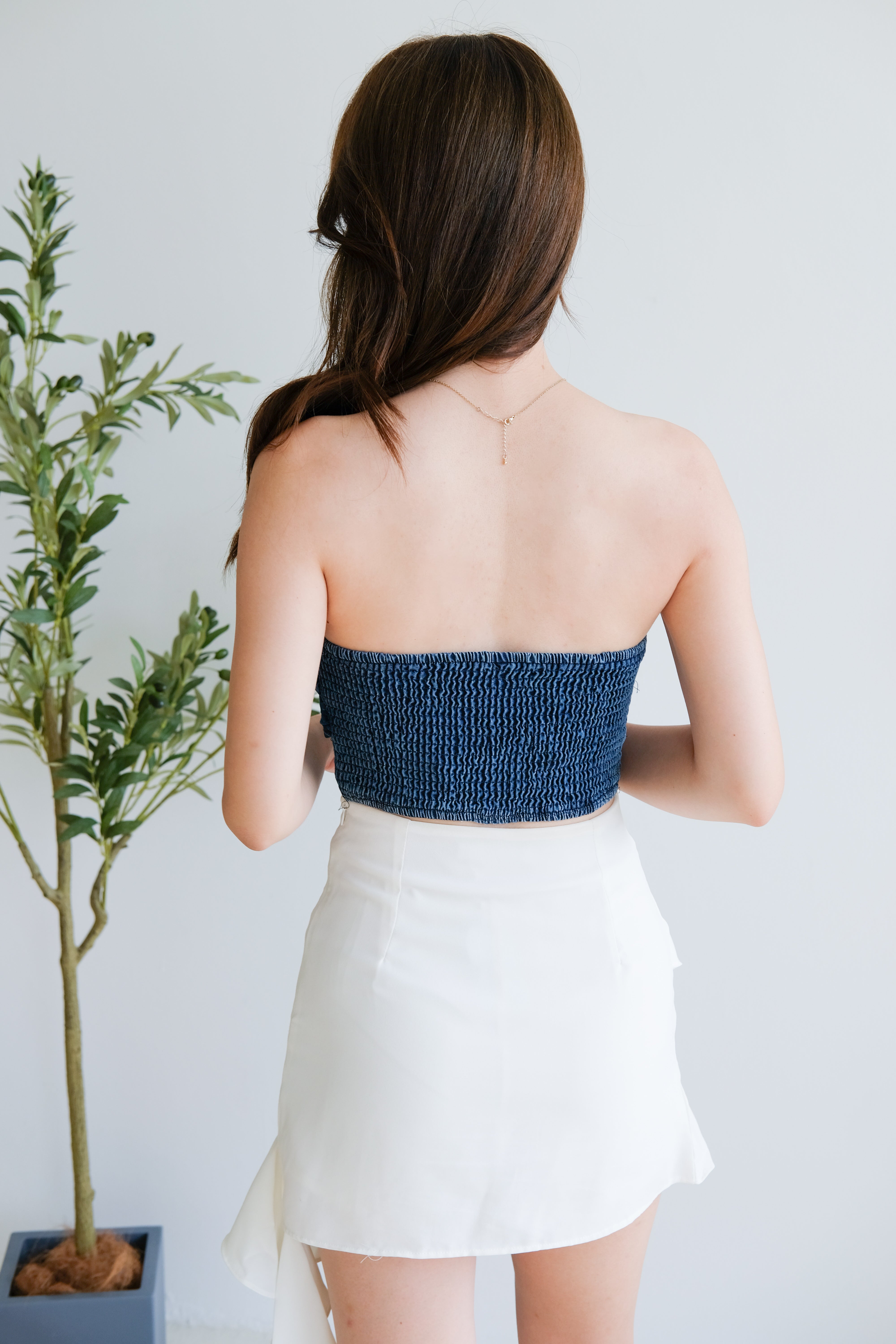 Shyla Sweetheart Denim Padded Crop Top (Dark Blue)