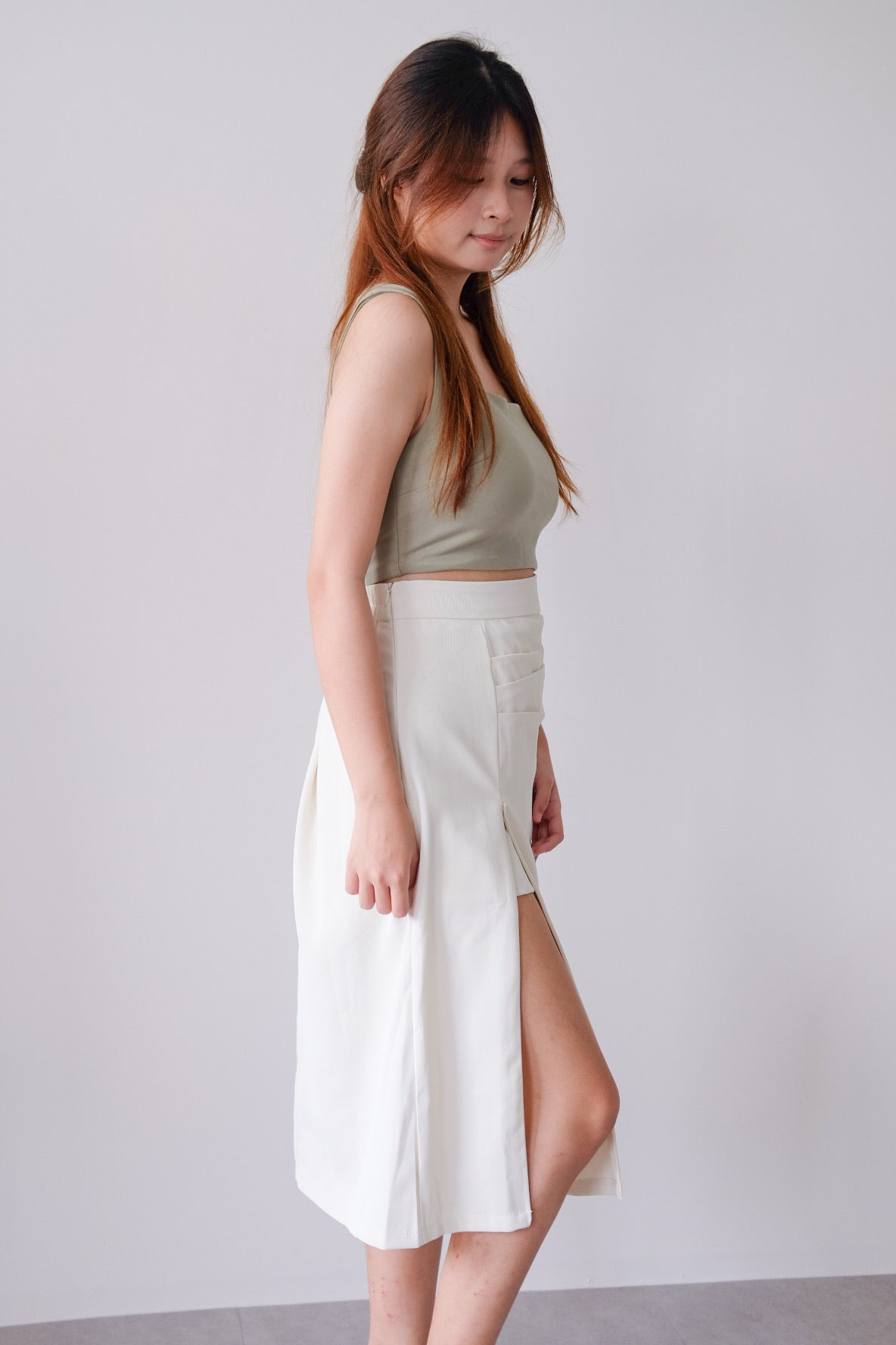 Cream Side Ruched Midi Skirt