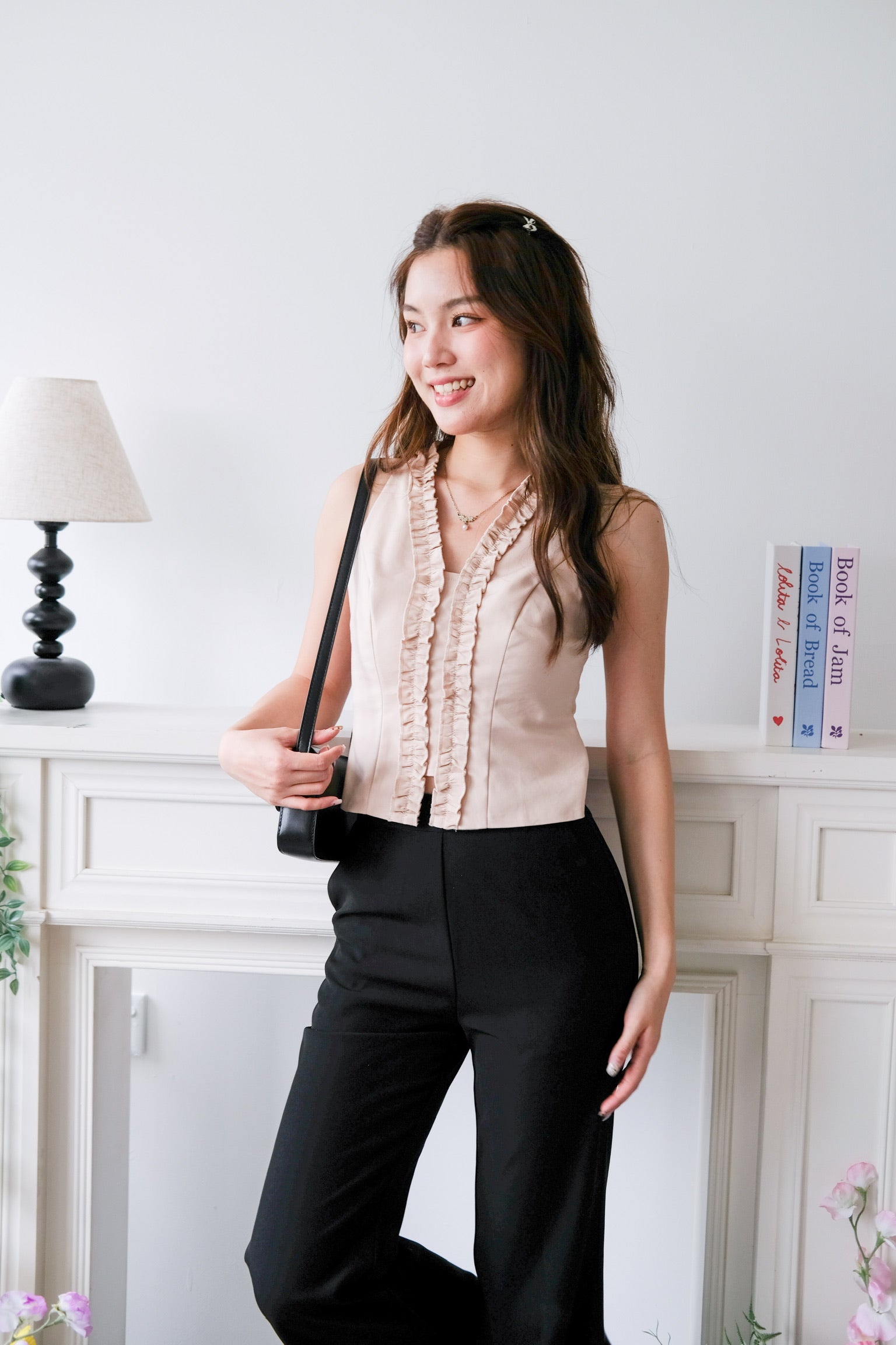 Evangeline Frills V Neck Top (Beige)