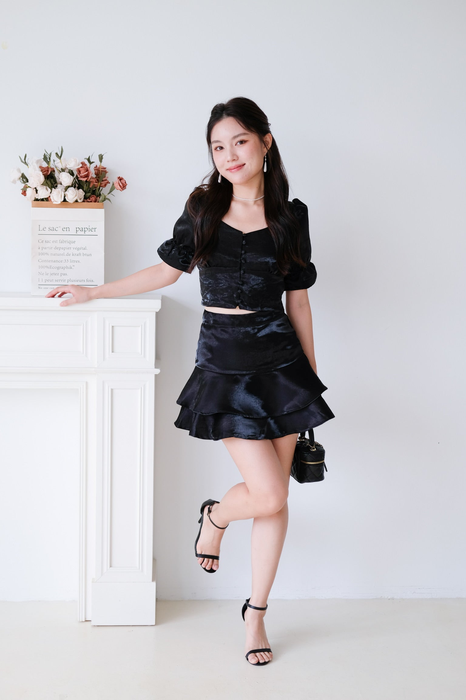 Lush Shimmer Satin Flare Set (Black)
