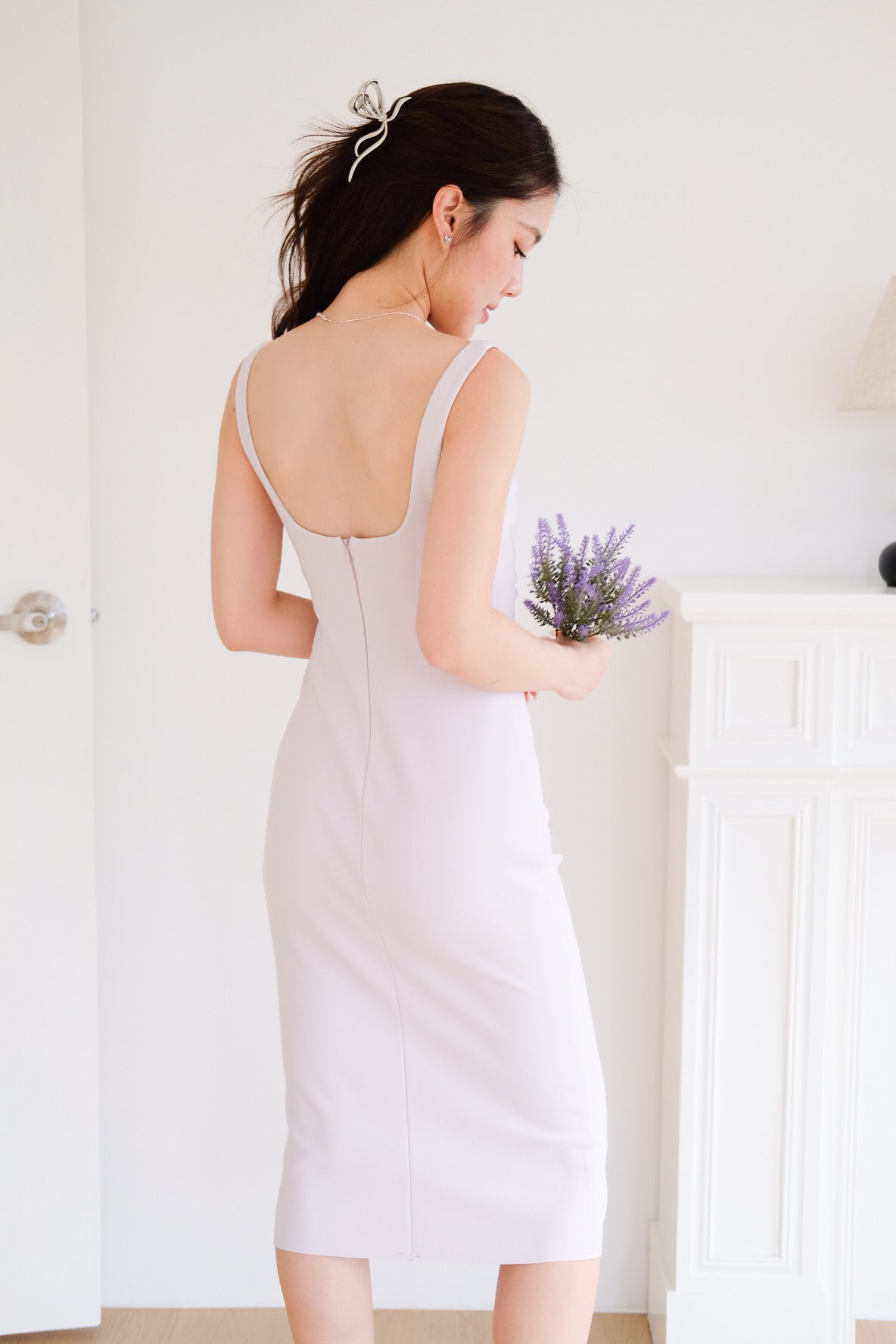 Claude Ruched Slim Fit Midi Dress (Pastel Purple)