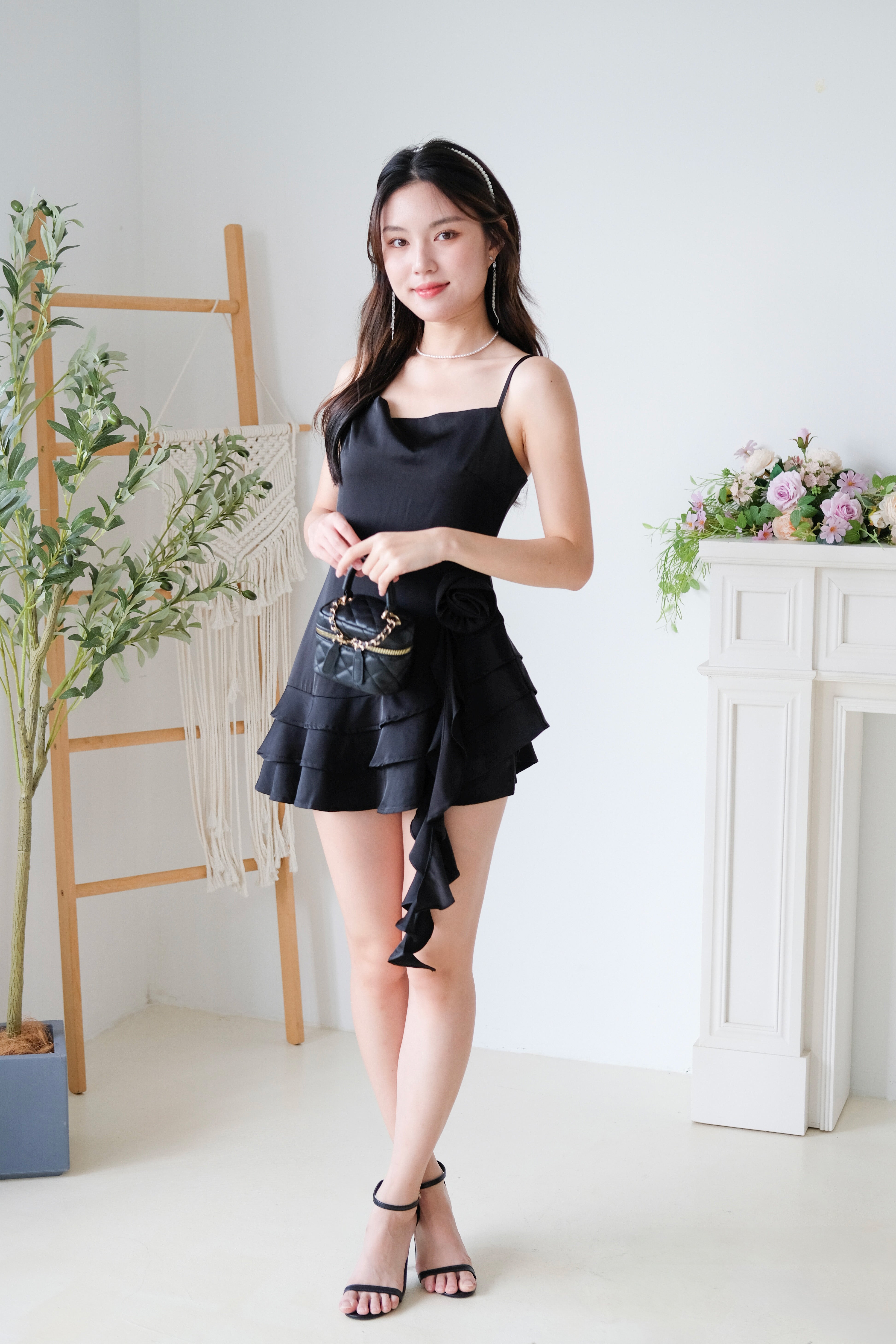 Dewy Satin Ruffle Dress (Black)