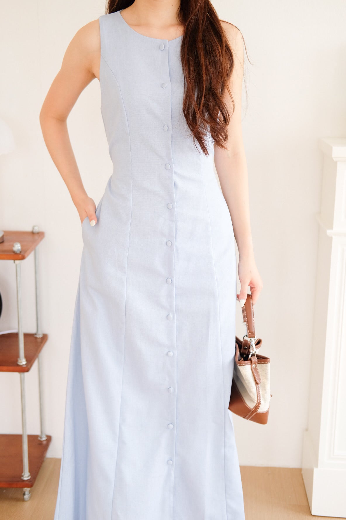 Arlette Button Linen Maxi Dress (Sky Blue)