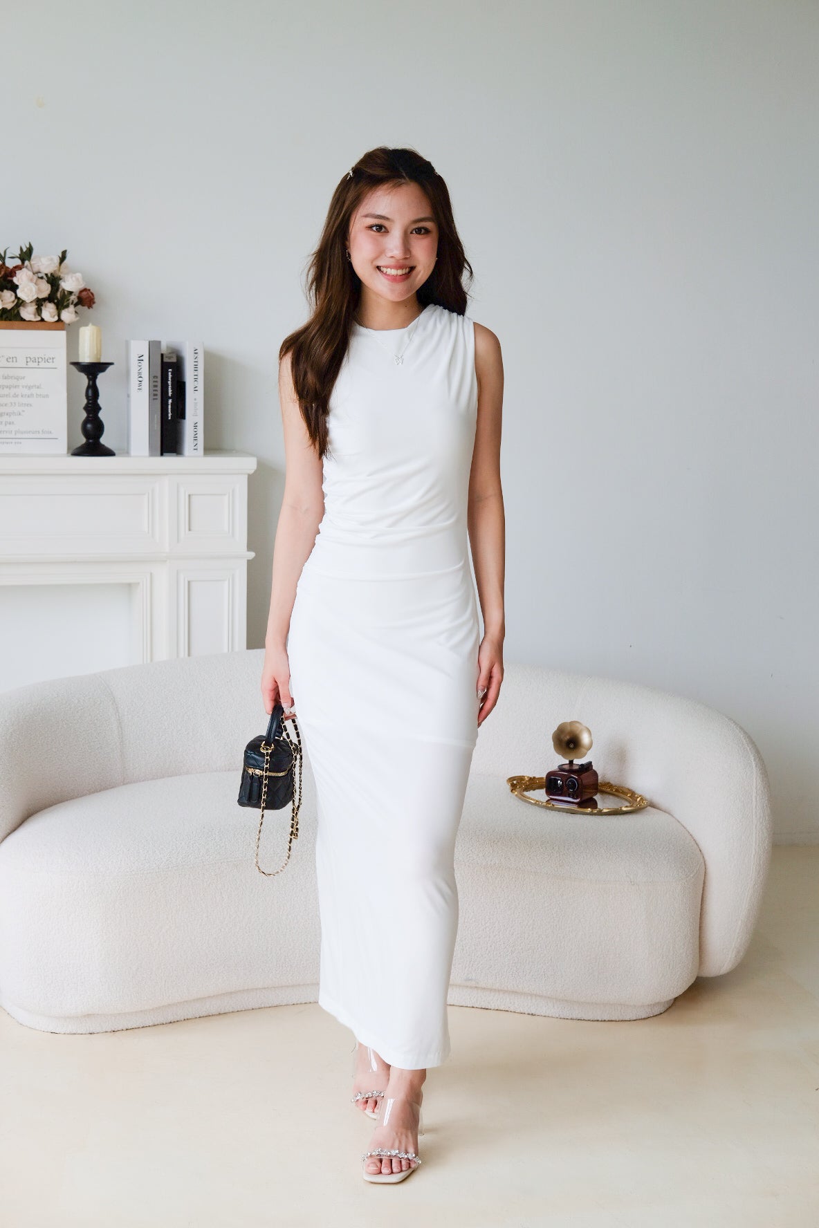 Paisley Ruched Jewel Bodycon Dress (White)
