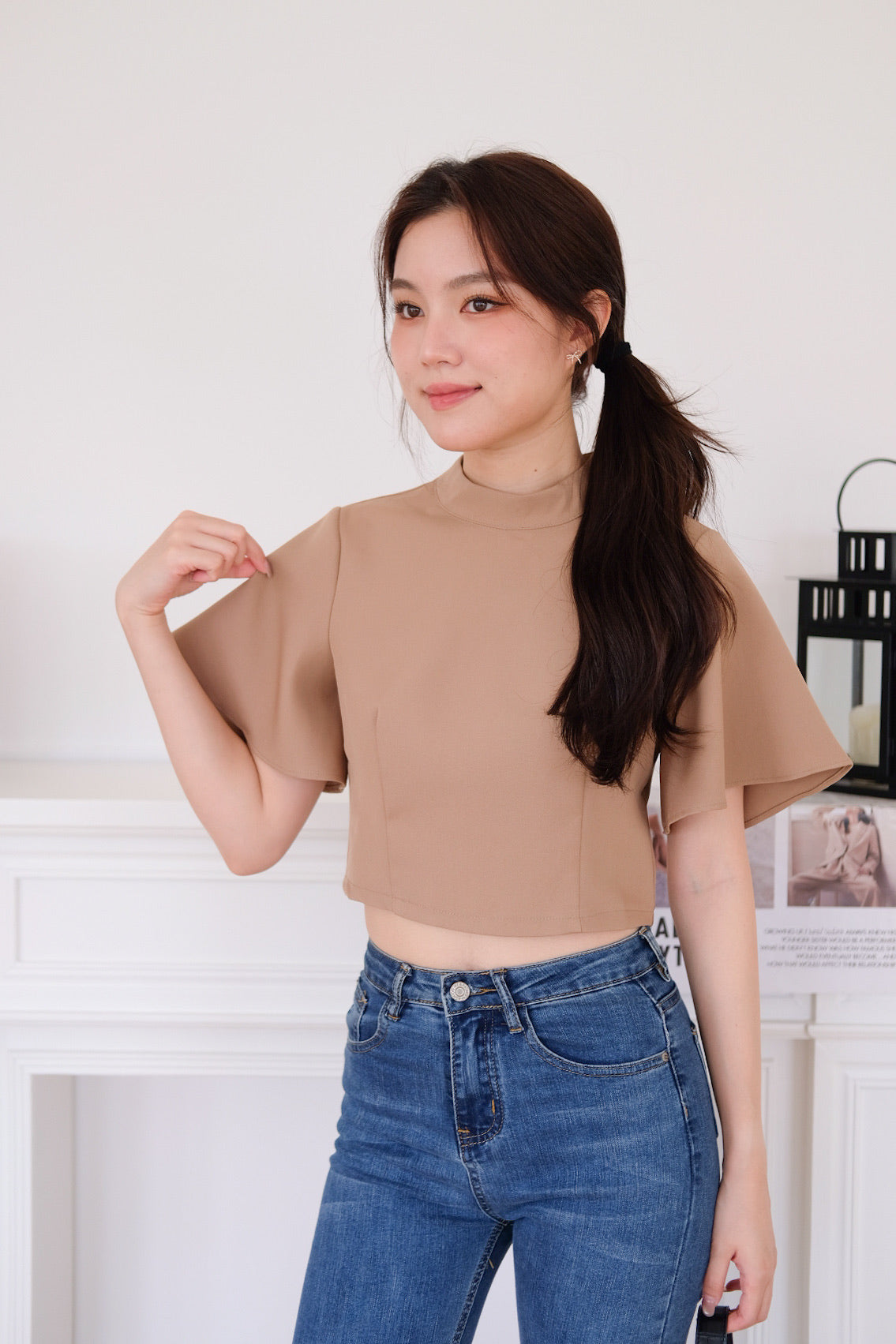 Veena Flutter Sleeves High Neck Top (Khaki)