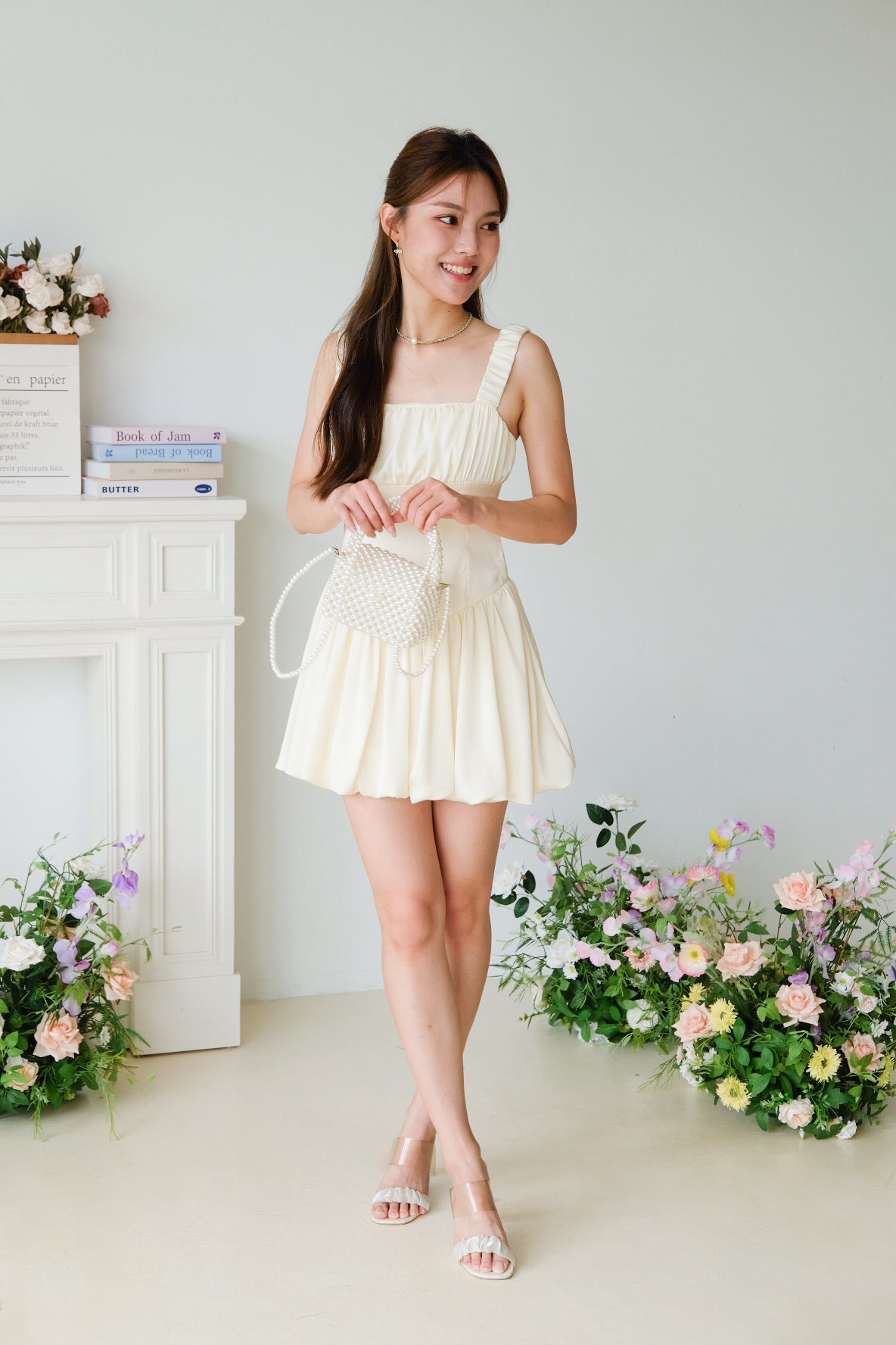 Alesha Ruched Bubble Skater Dress (Pale Yellow)