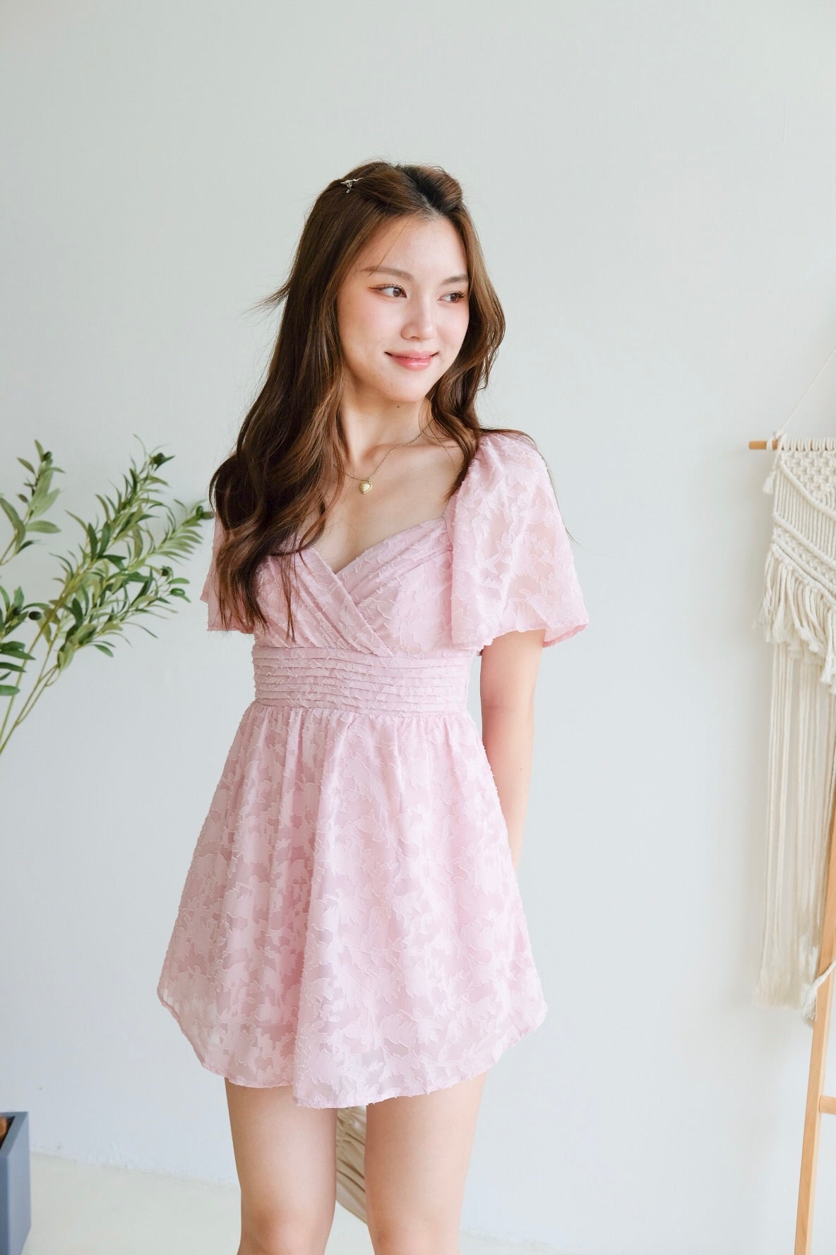 Eloise Flutter Sleeve Dress (Peony Pink)