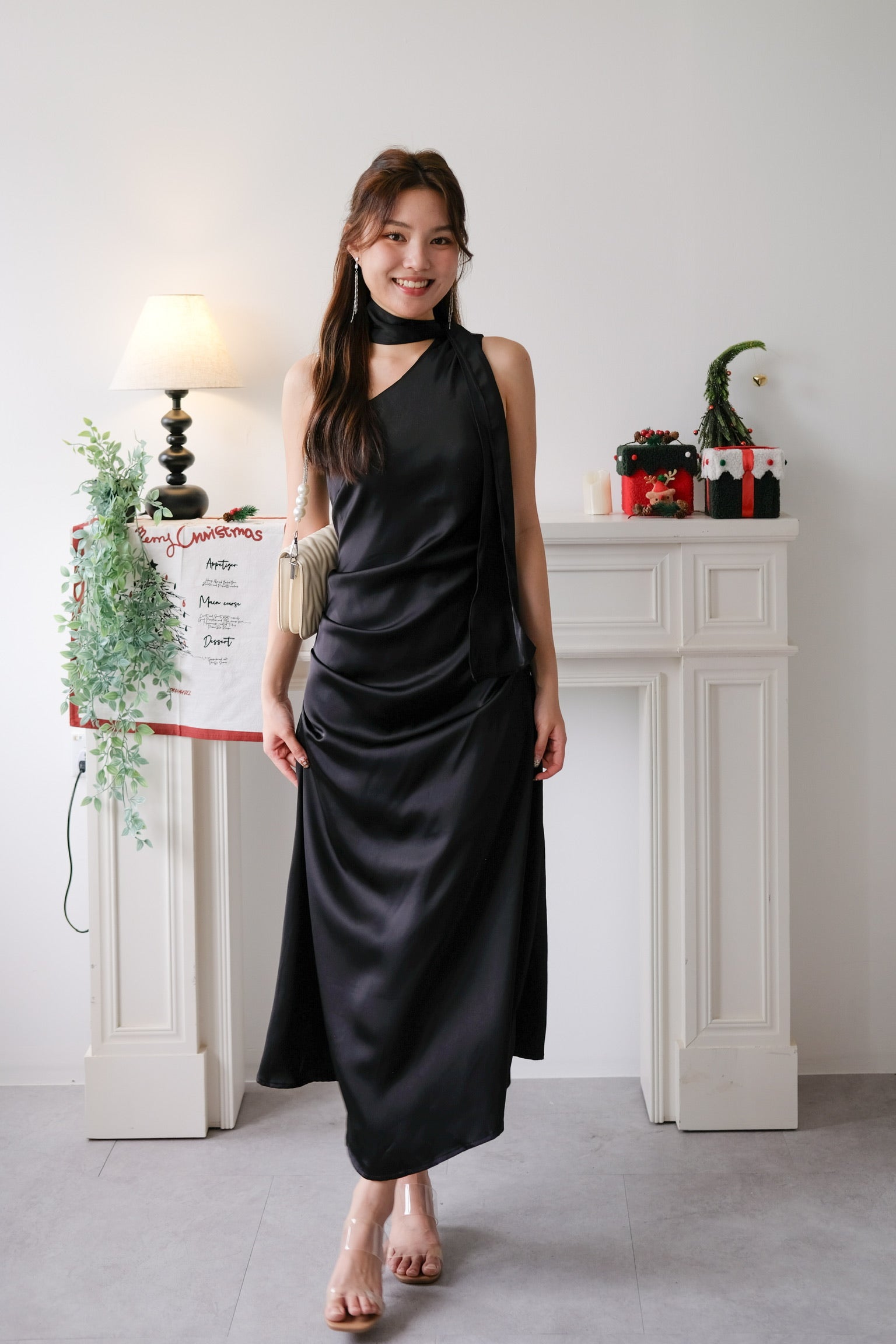 Caelyn Satin Toga Dinner Dress (Black)