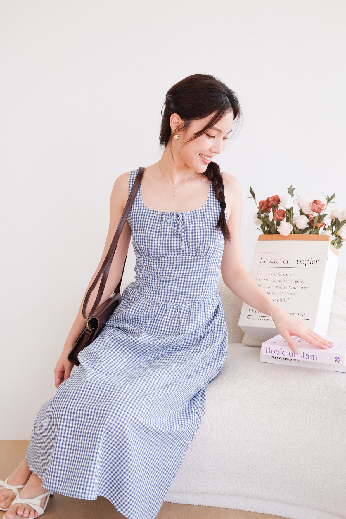 Carmie Thick Waist Midi Dress (Blue Plaid)