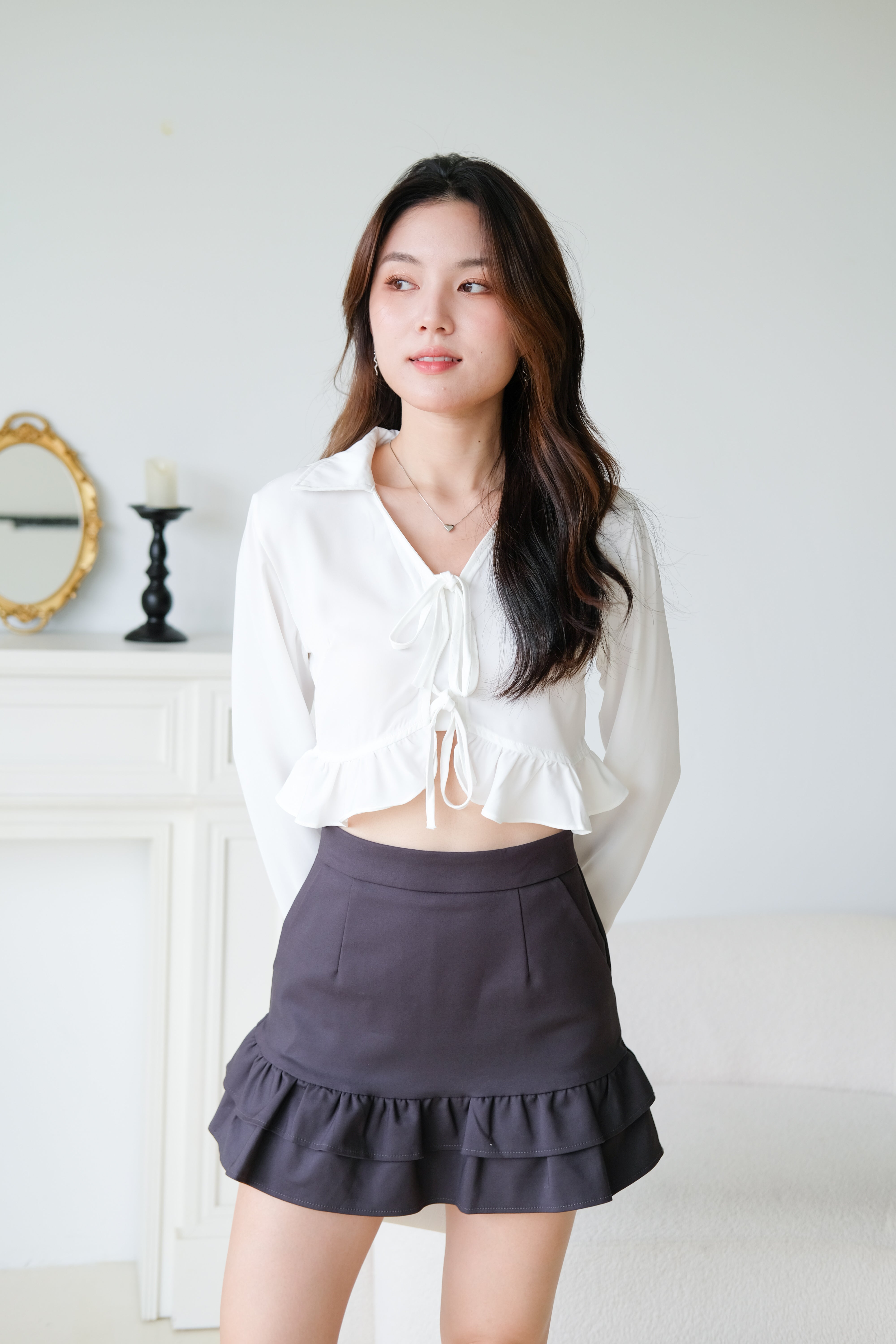 Nikki Ribbon Ruffle Sleeved Crop Top (White)