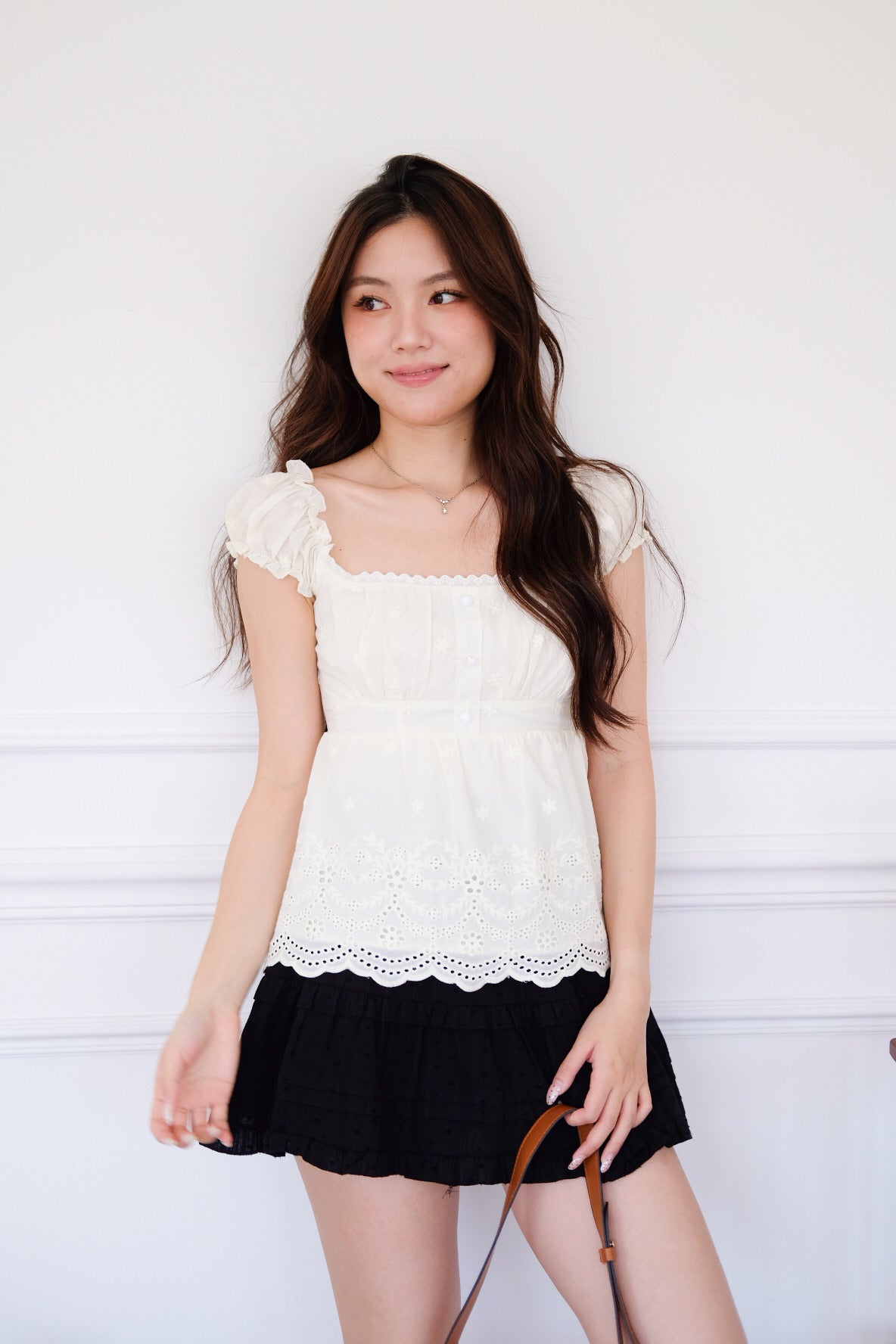 Kylin Eyelet Ruched Peplum Top (Cream)