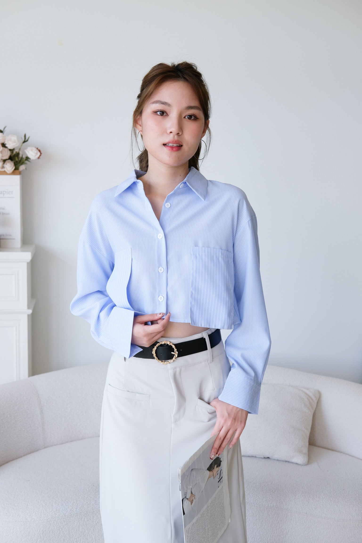 Rora Oversized Stripes Cropped Blouse (Blue)