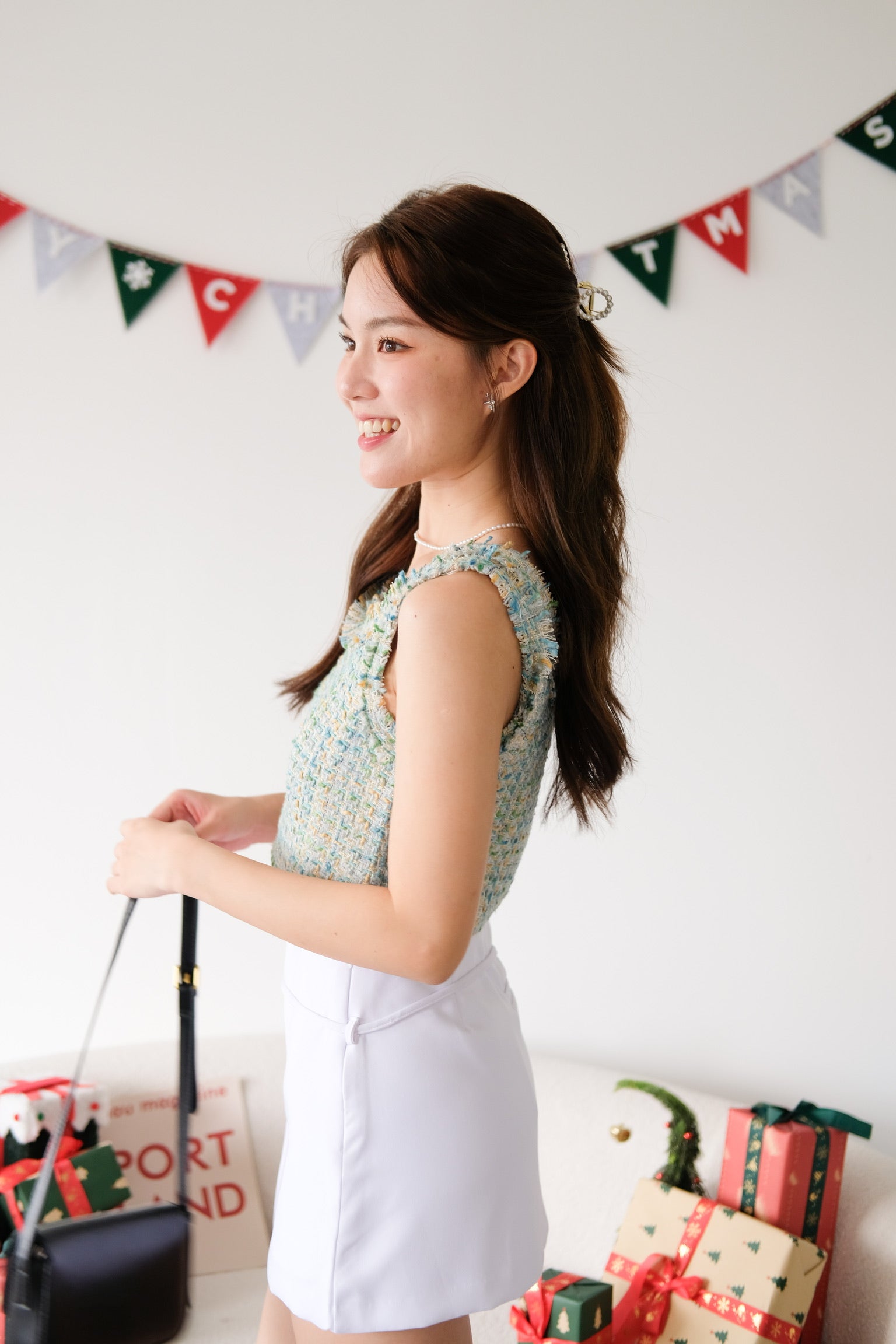 Mirea Frills Tweed Crop Top (Sea Green)