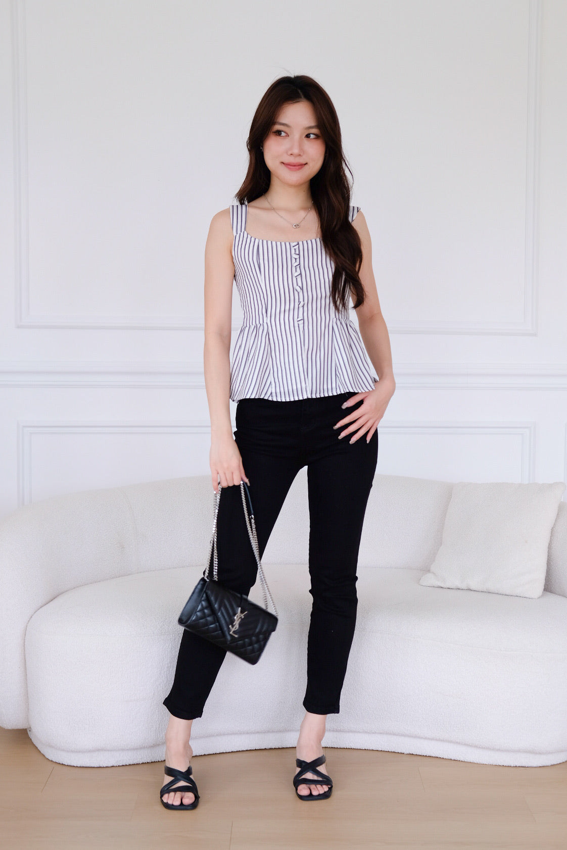 Naylie Peplum Front Slit Top (Blue Stripes)