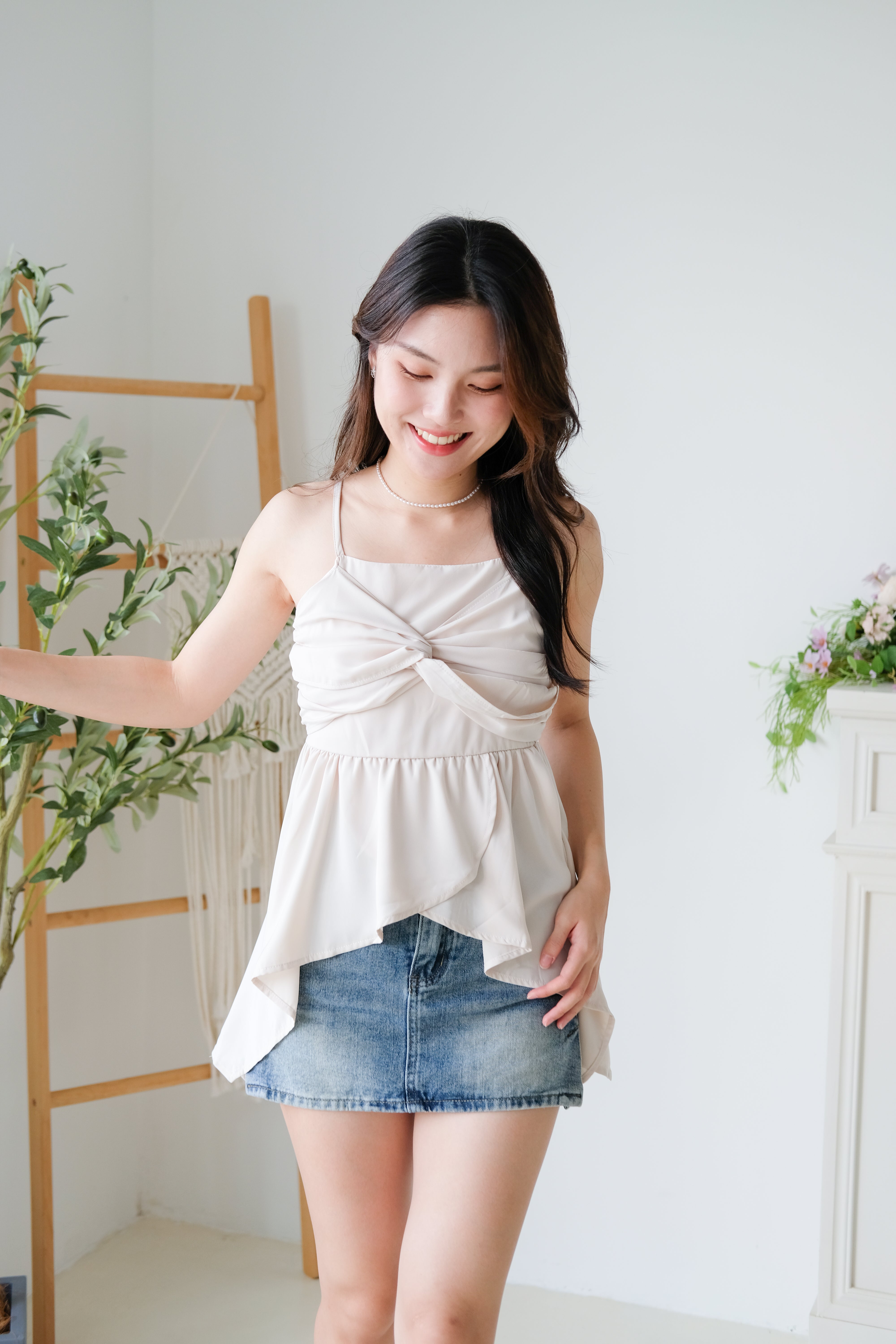 Natalie Twist Ruffle Asymmetrical Top (Beige)
