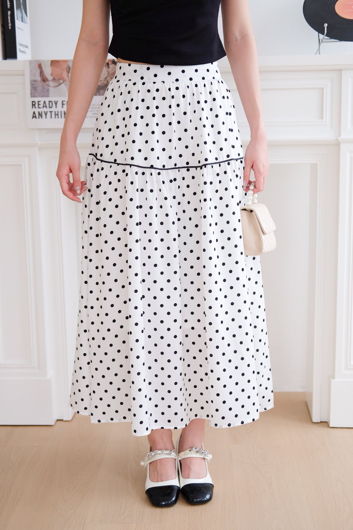 Alva Vintage Contrast A Line Skirt (Polka White)