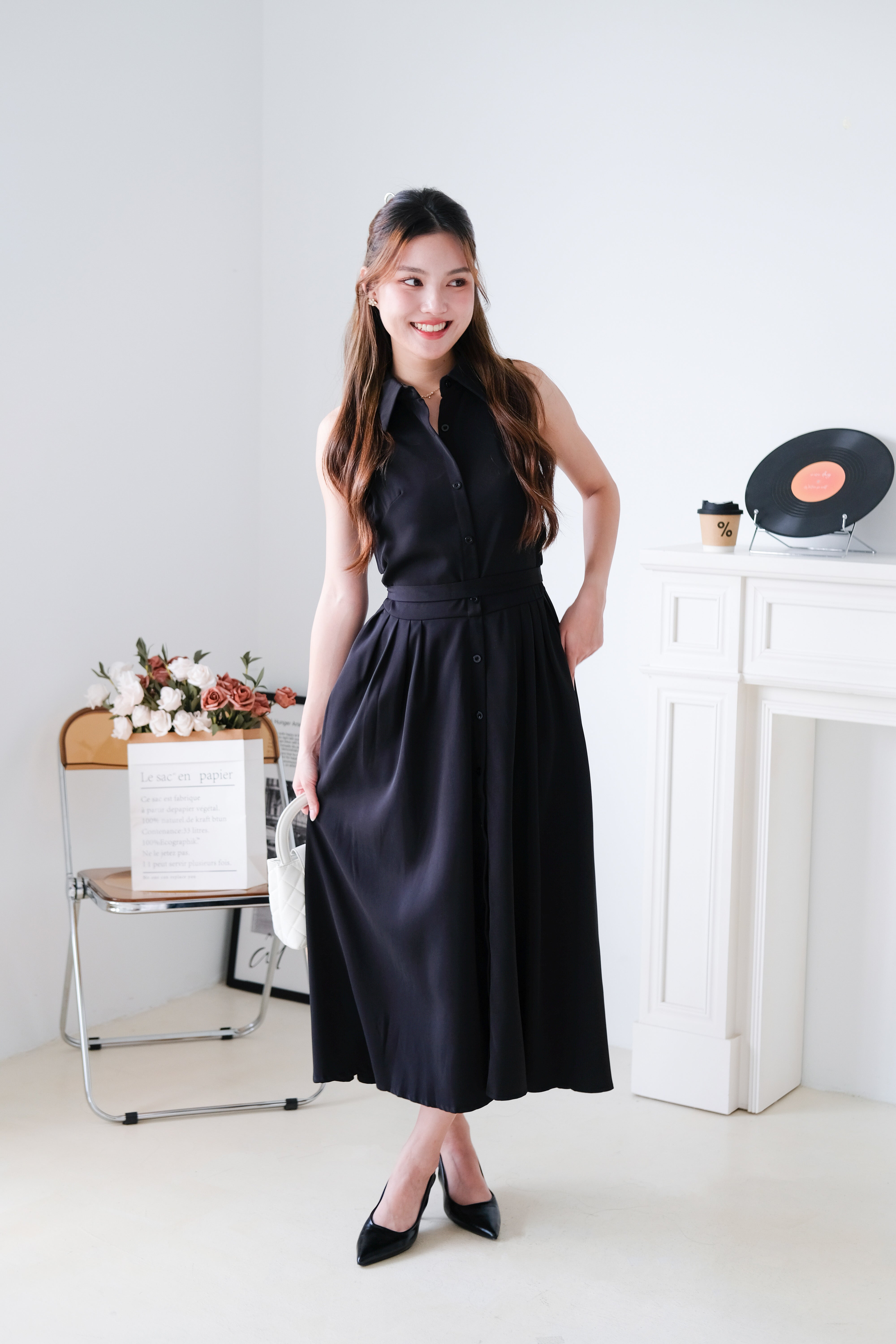 Camille Cinched Waist Collared Maxi Dress (Black)