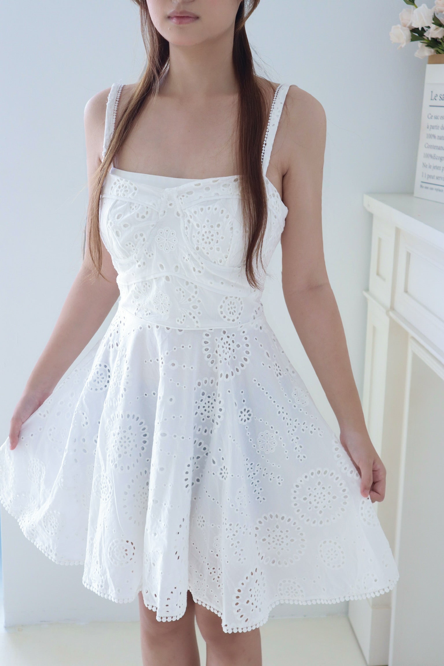 White Eyelet Embroidered Strap Dress