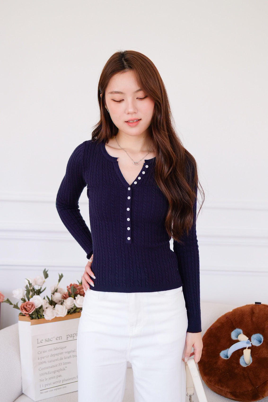 Cecily Buttoned Long Sleeves Knit Top (Navy Blue)