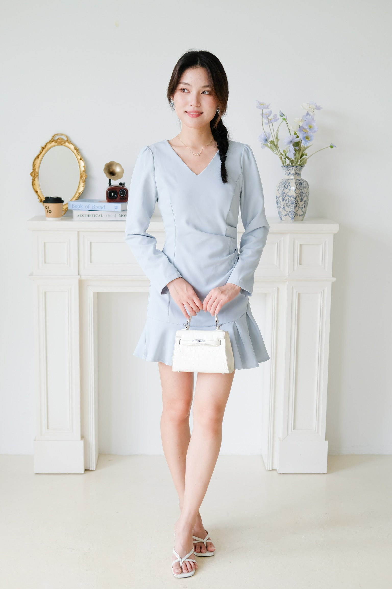 Phoebe Sleeves Ruffle Dress (Dusty Blue)