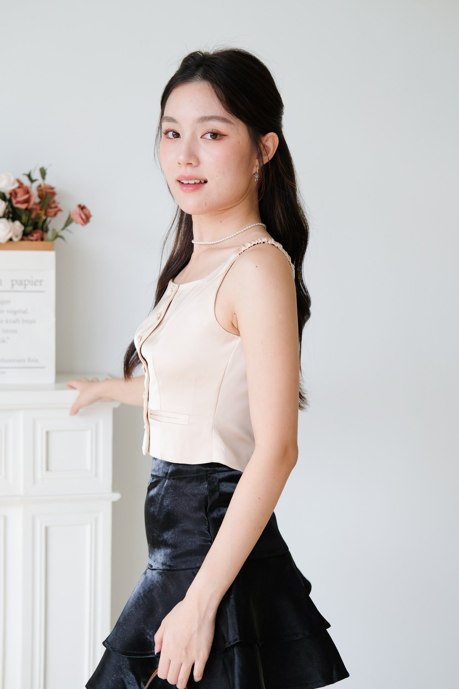 Maribelle Ribbon Scoop Top (Beige)
