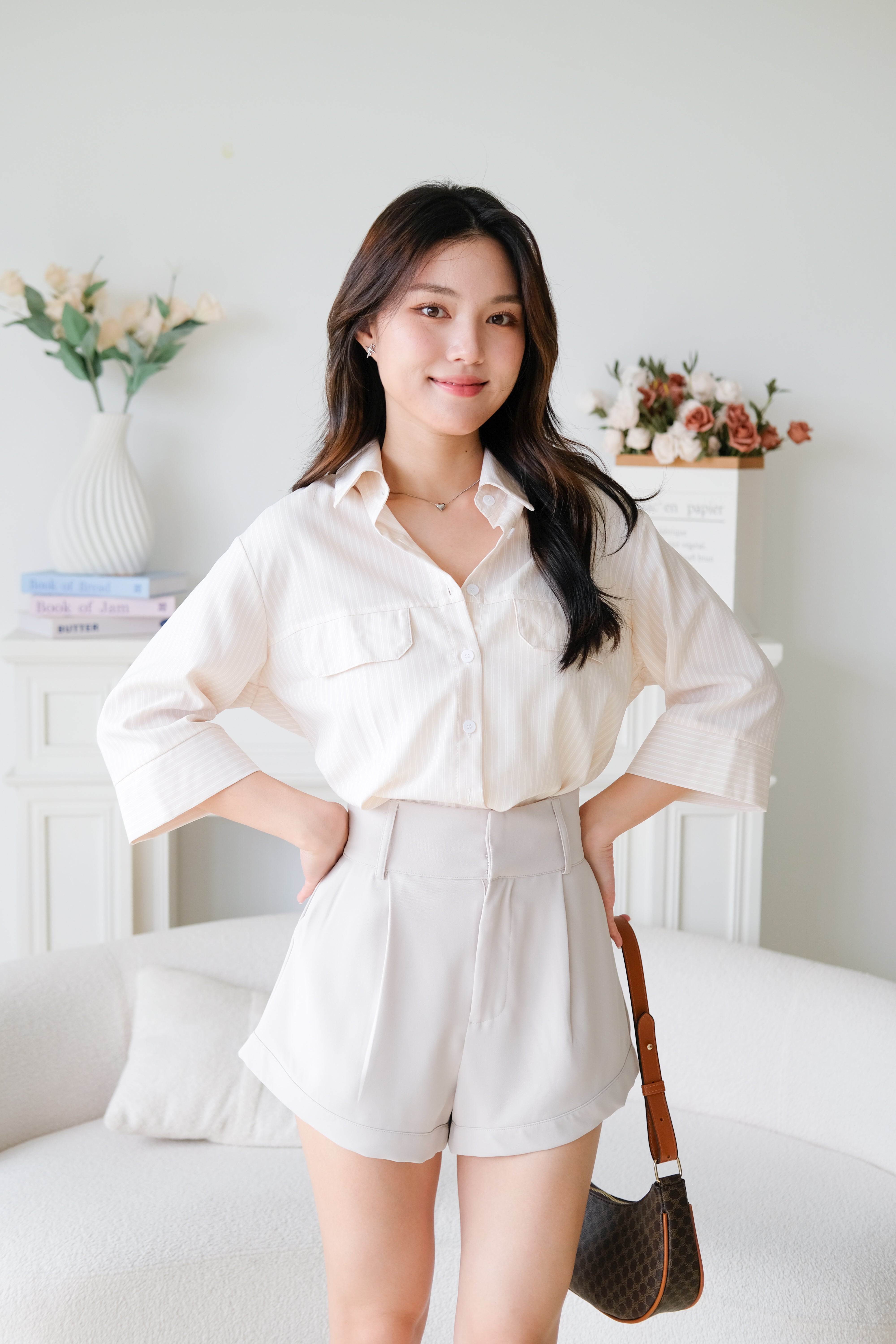 Carsen Stripes Oversized Blouse (Beige)