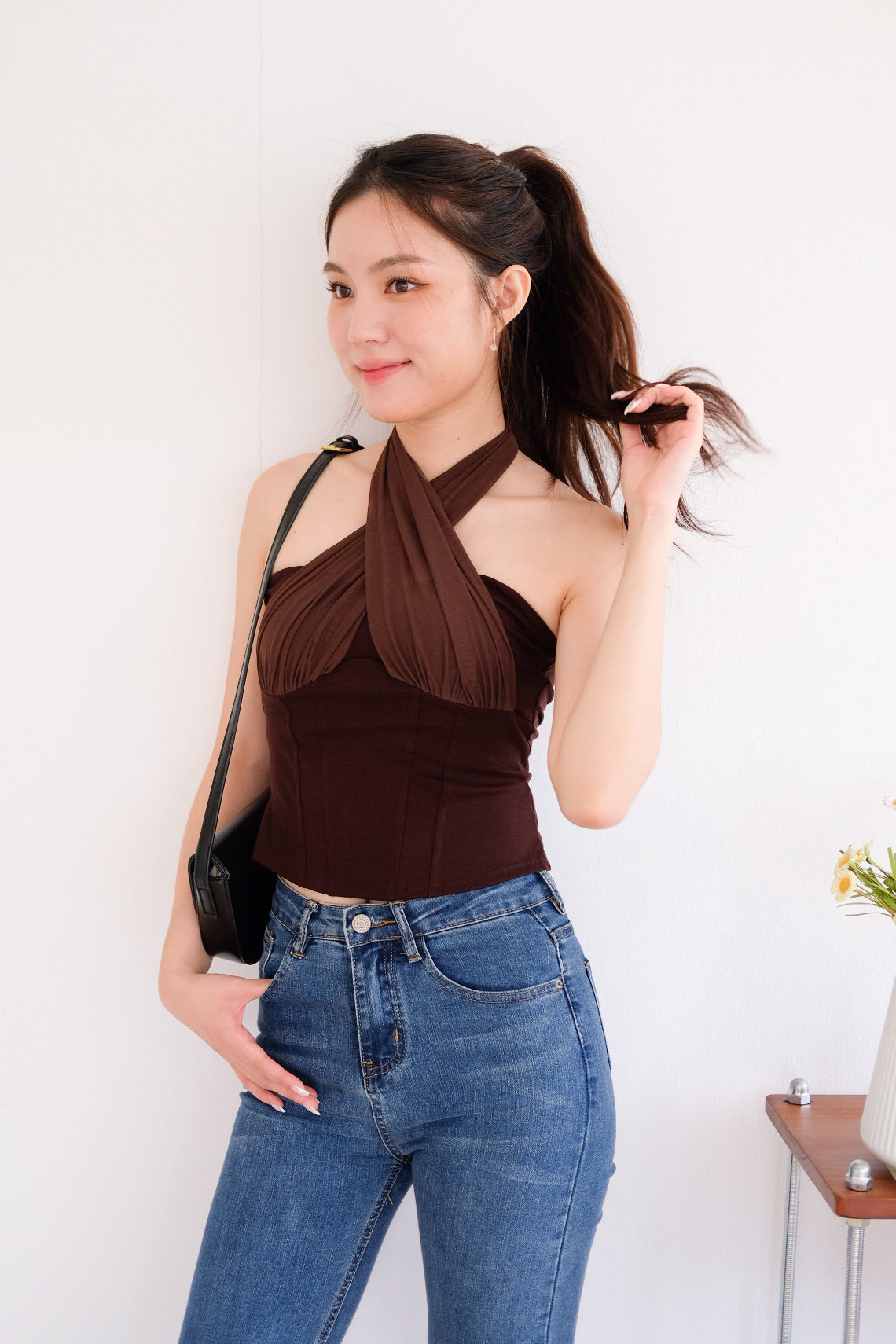 Siren Padded Halter Self Tie Top (Mocha)