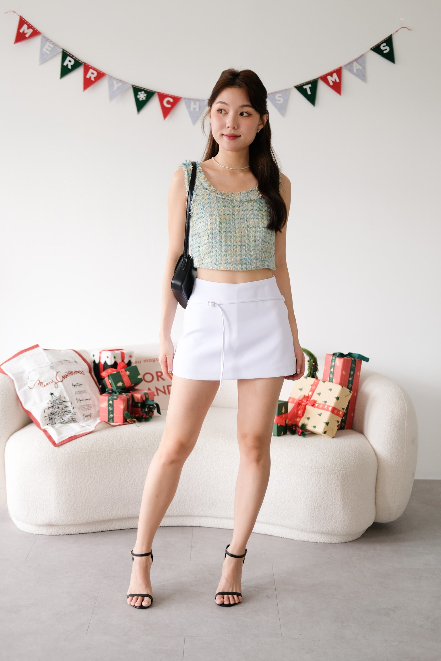 Mirea Frills Tweed Crop Top (Sea Green)