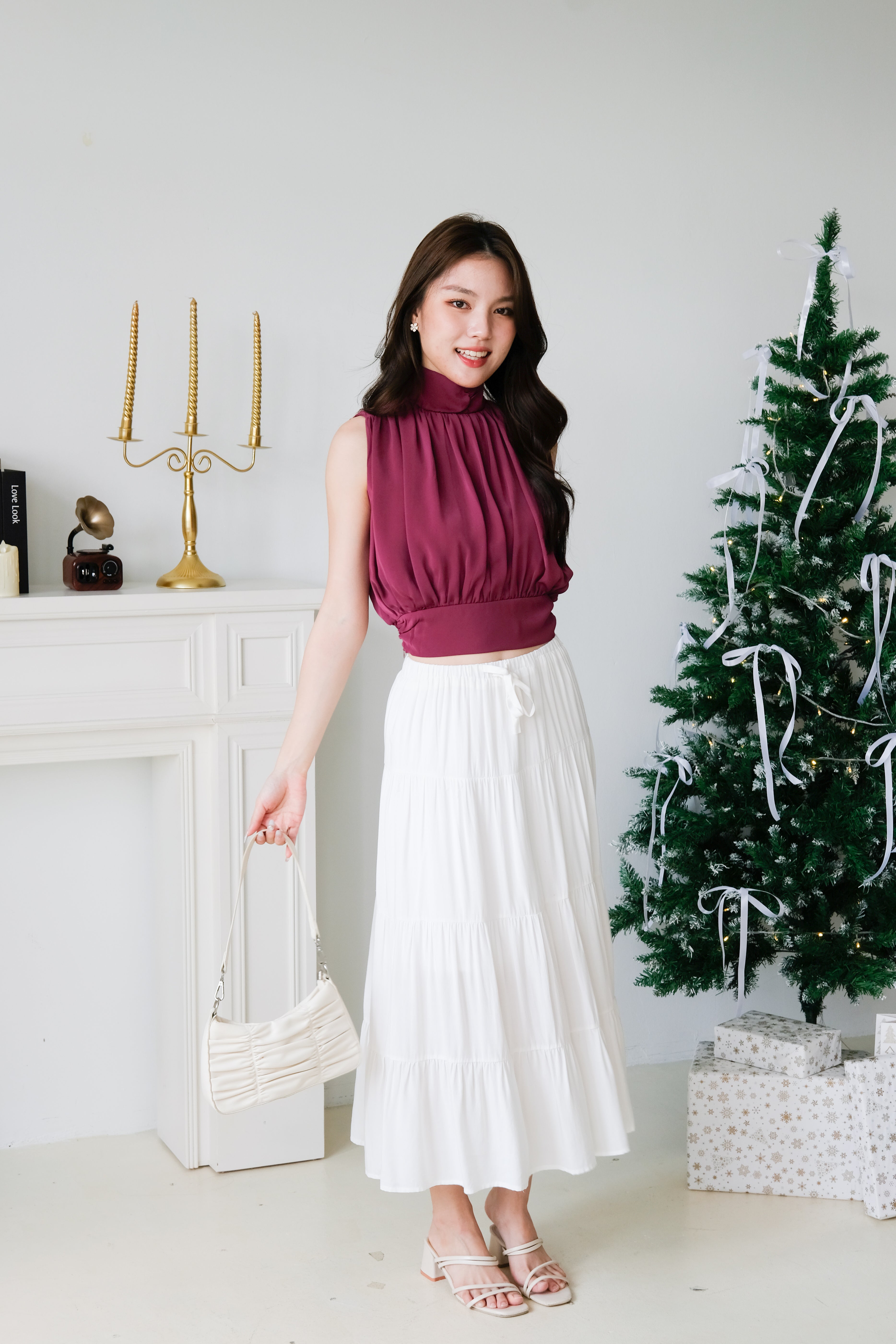 Gabine High Neck Ruched Top (Wine)