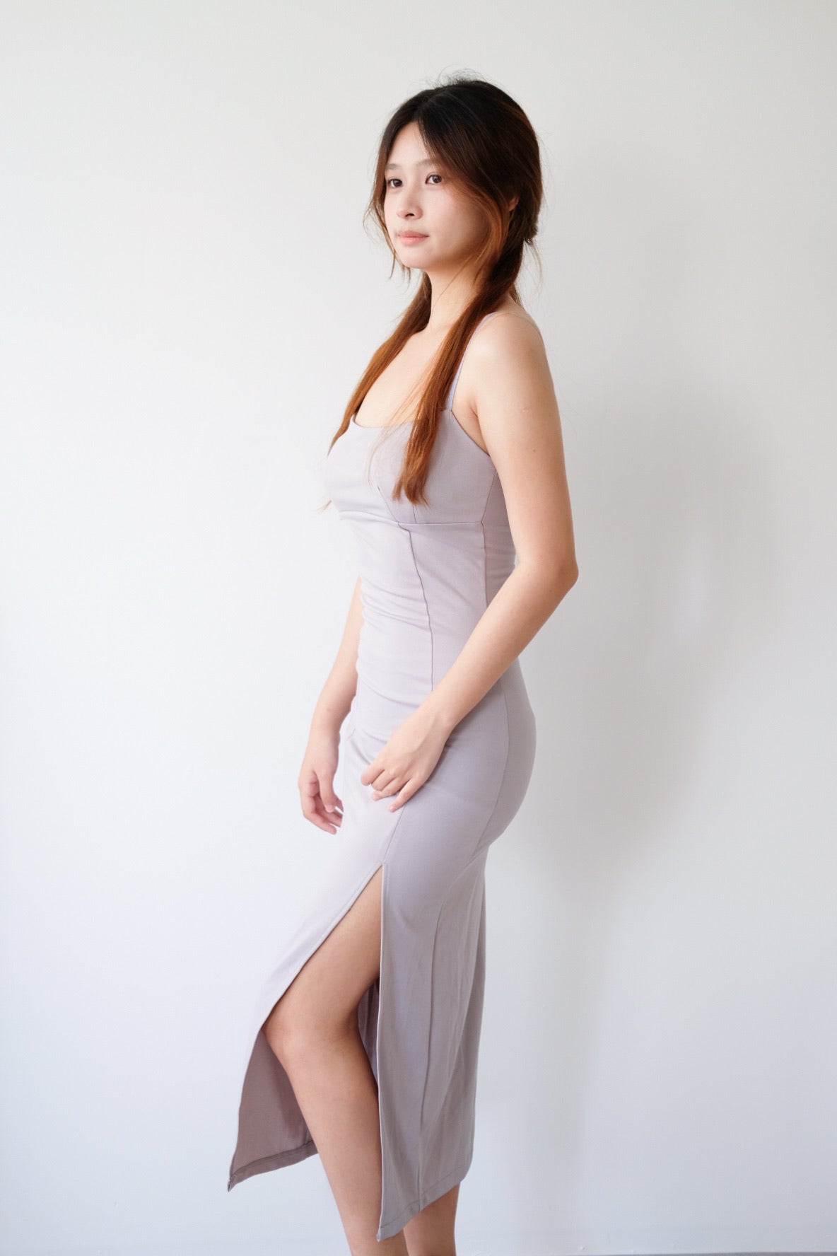 Purplish Grey Side Slit Slim Maxi Dress
