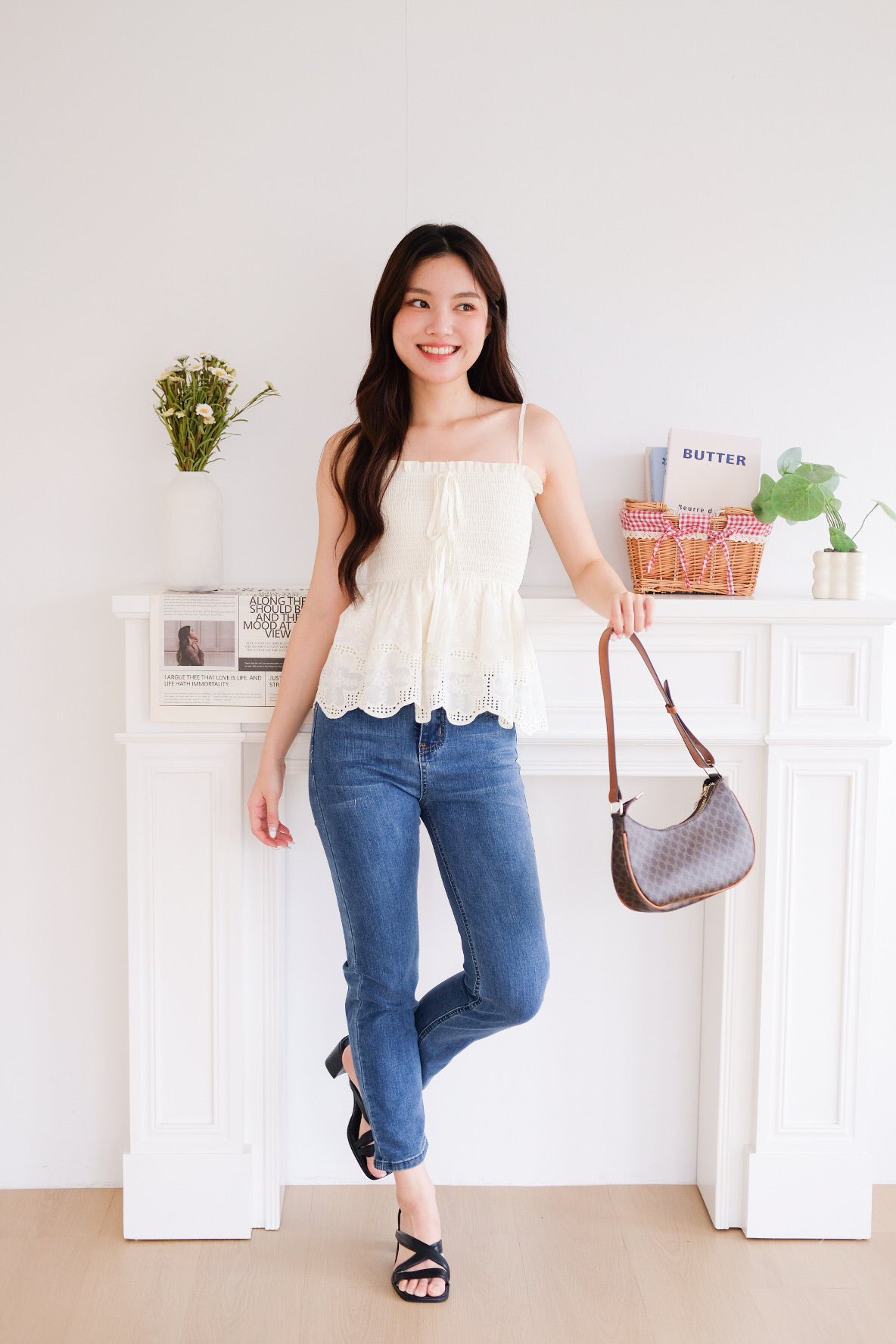 Selina Smocked Ribbon Eyelet Top (Light Yellow)