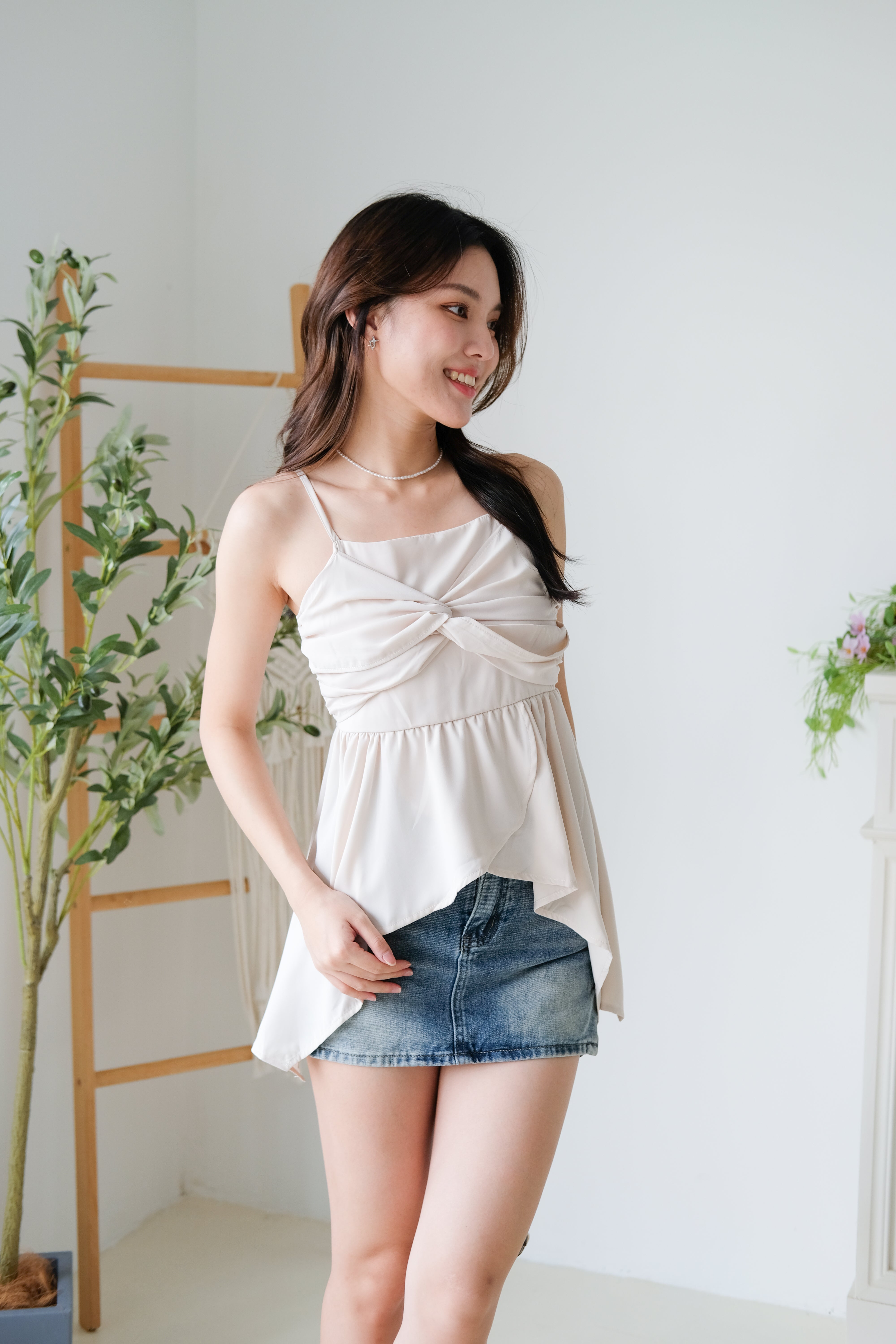 Natalie Twist Ruffle Asymmetrical Top (Beige)