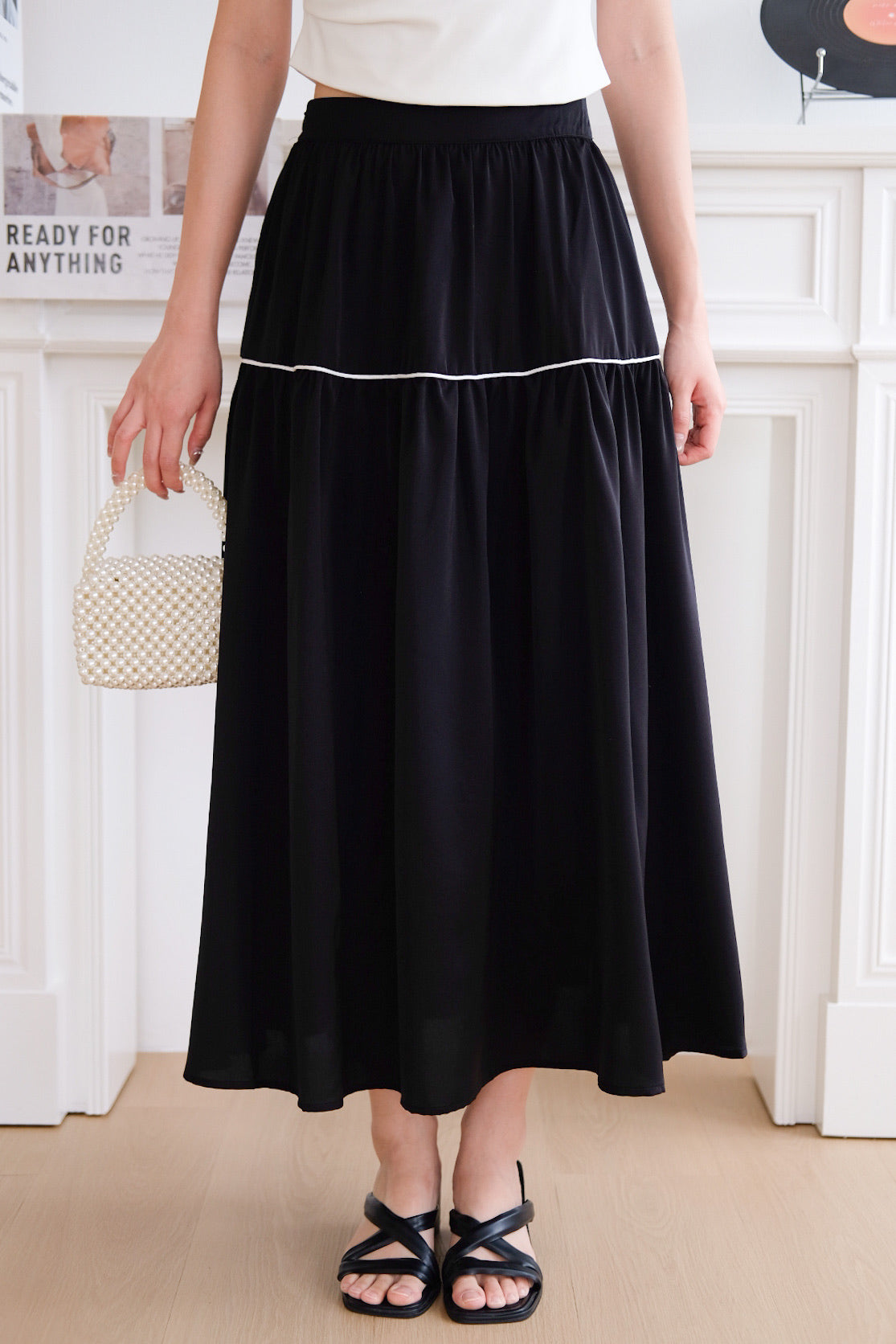 Alva Vintage Contrast A Line Skirt (Black)