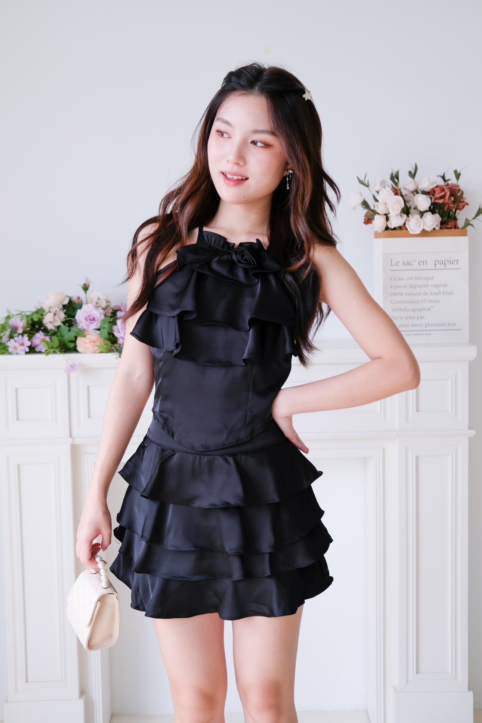 Rosalie Ruffle Tiered Halter Set (Black)
