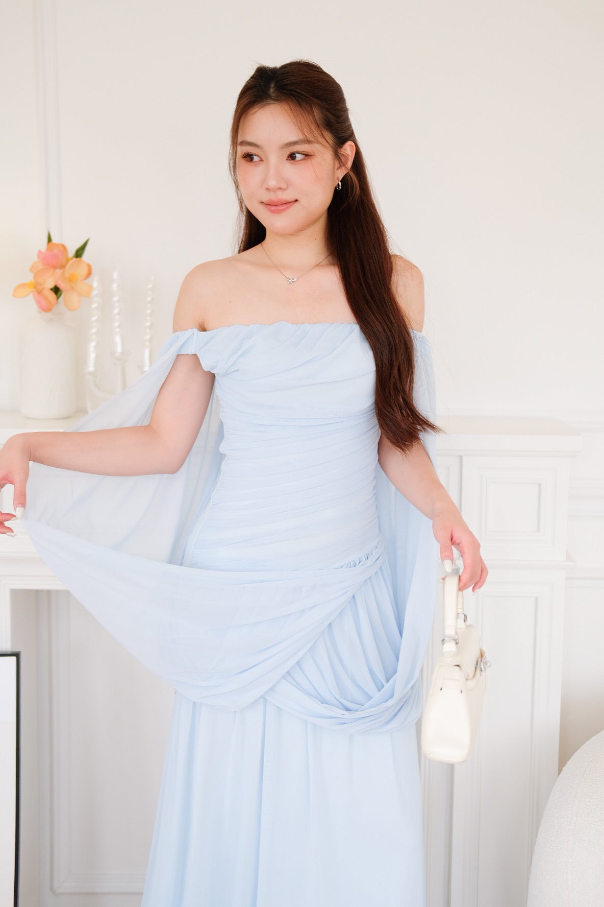 Jasmine Ruched Mesh Off Shoulder Maxi Dress (Sky Blue)