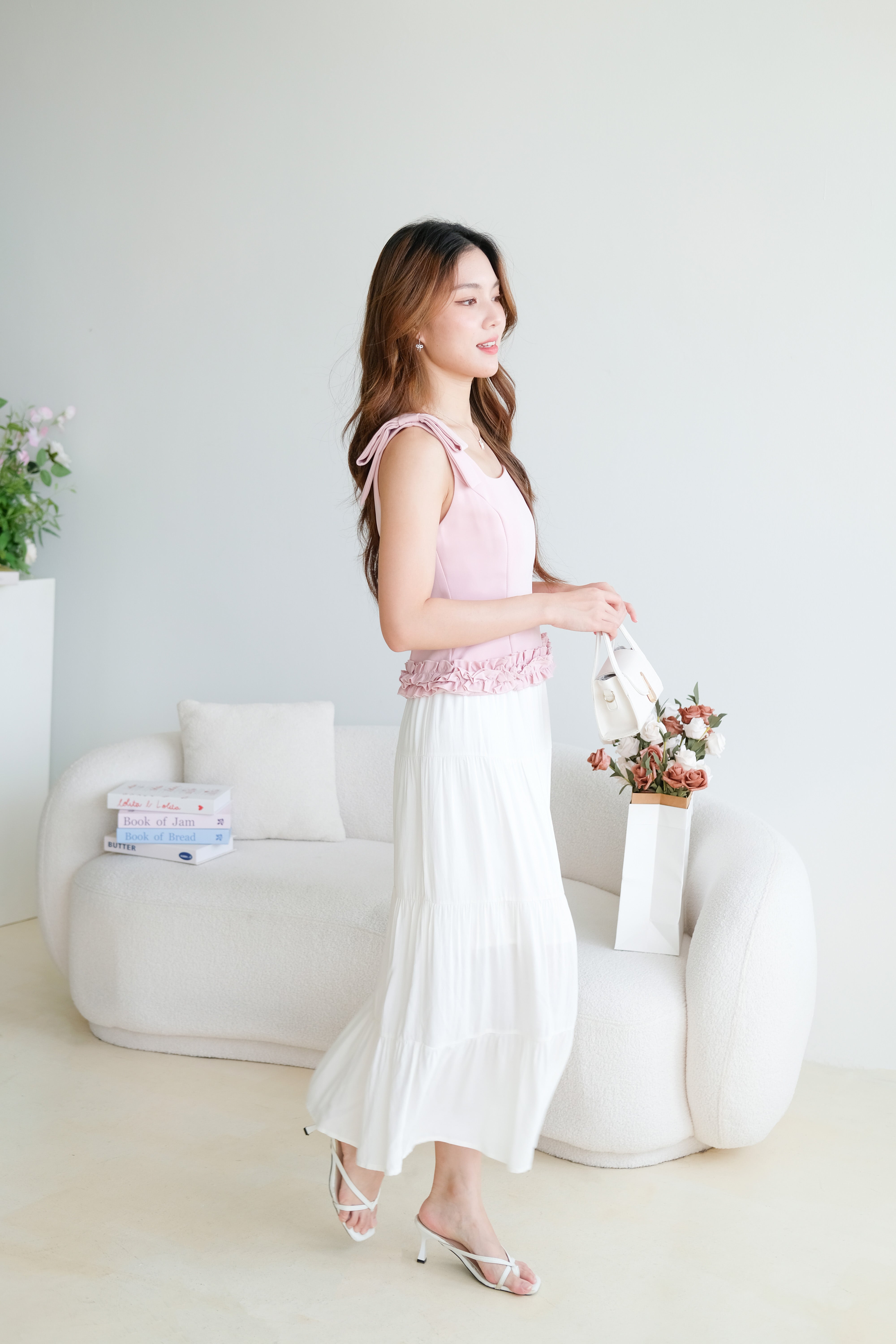 Cecilia Bow Straps Ruffle Top (Dusty Pink)