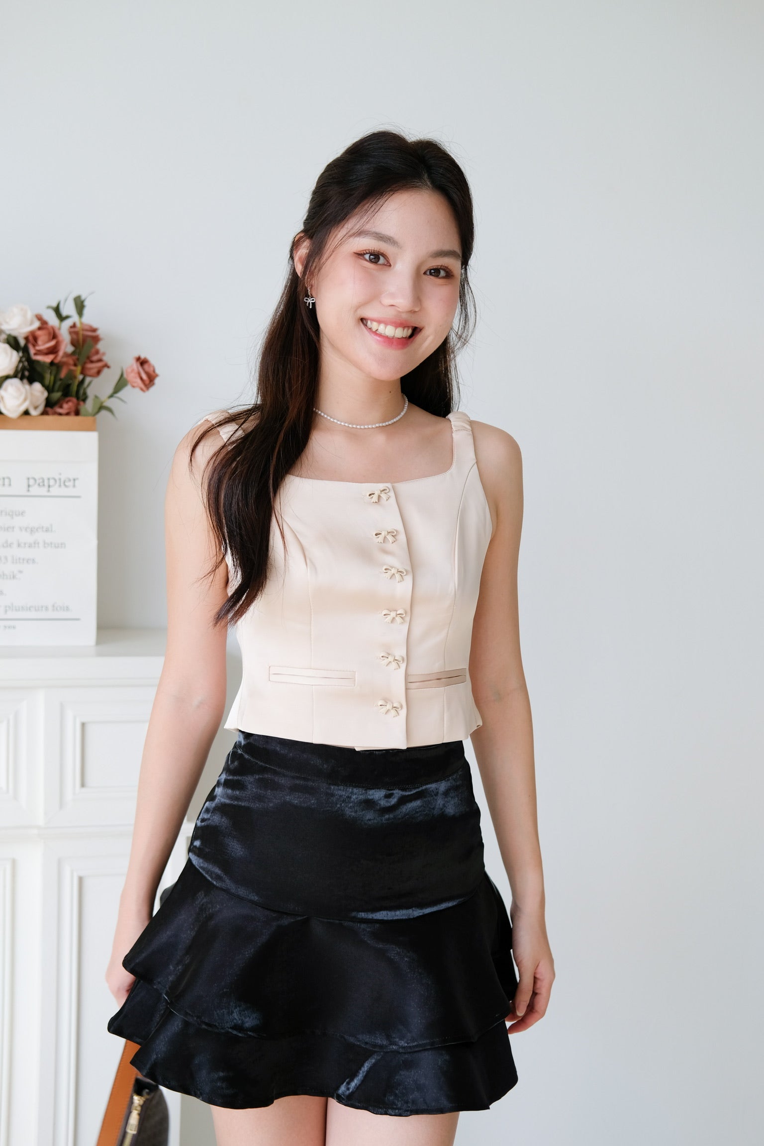 Maribelle Ribbon Scoop Top (Beige)
