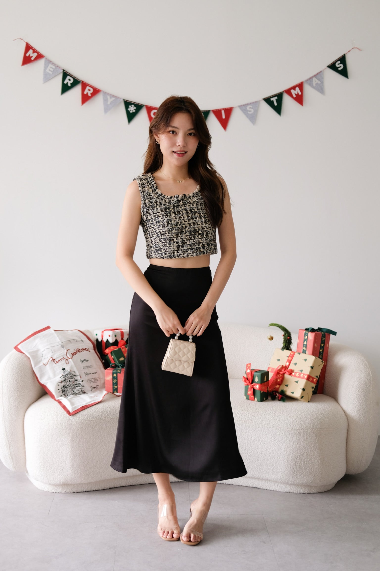 Mirea Frills Tweed Crop Top (Black)
